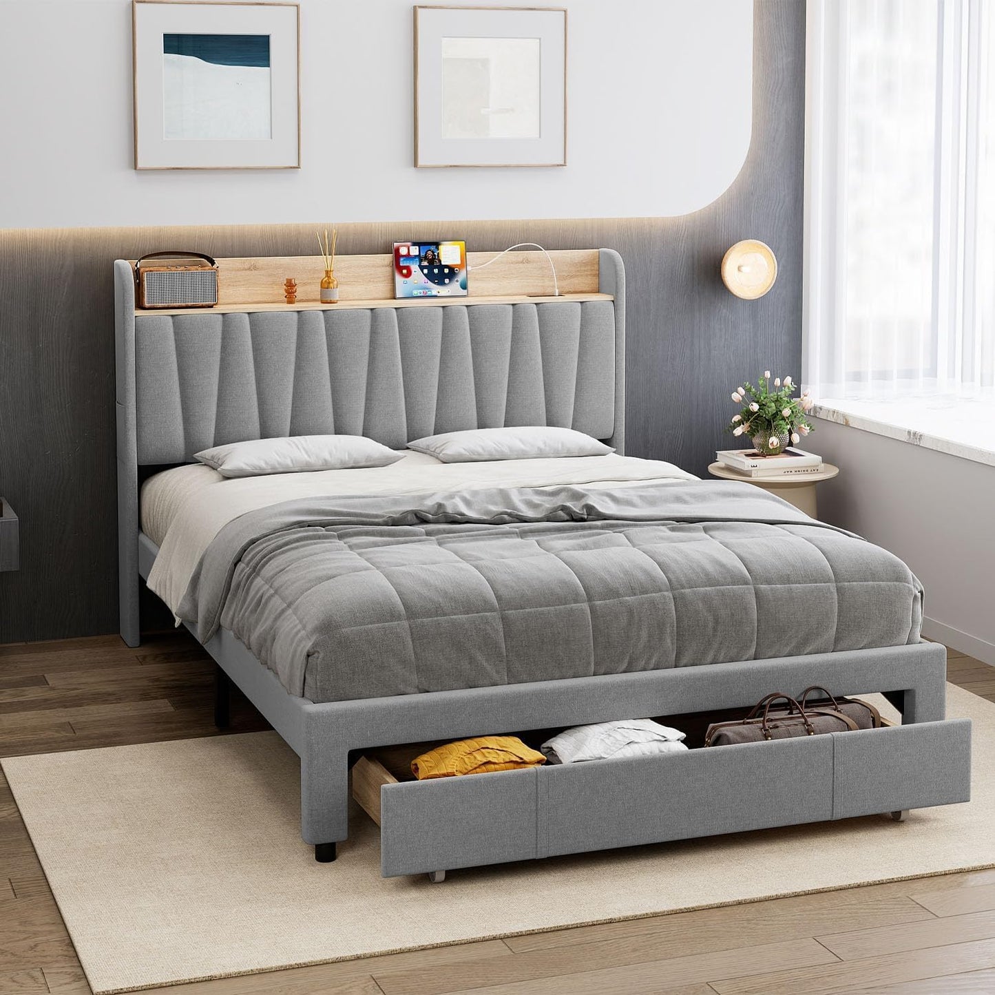 Jojoka Full Size Bed Frame, Upholstered Bedframe with Storage Headboard, Heavy Duty Full Bed with Drawers, Platform Base with Charging Station, Grey