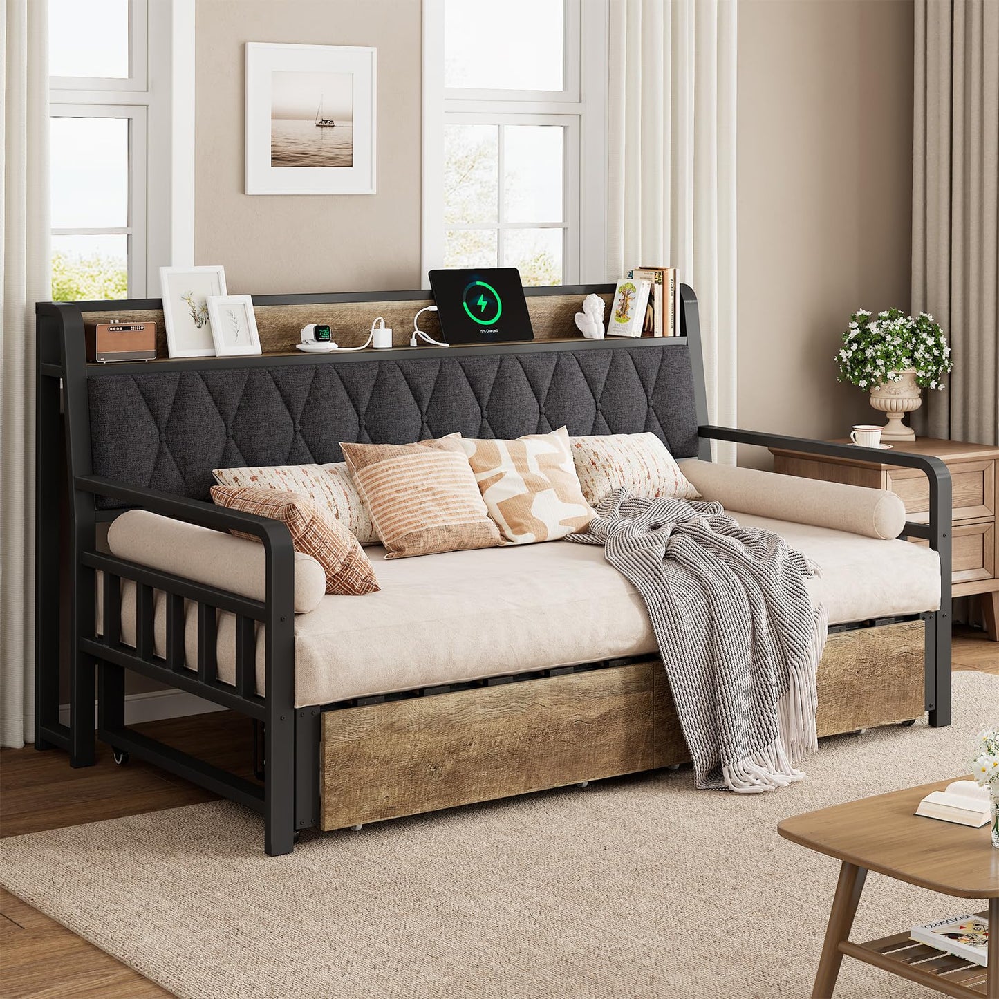 Convertible Daybed with Trundle, Twin to King Sofa Bed with Storage Drawers, Day Beds with Pop up Trundle, Upholstered Headboard & Power Outlet, Metal Platform Frame for Living Room, Guest Room, Black