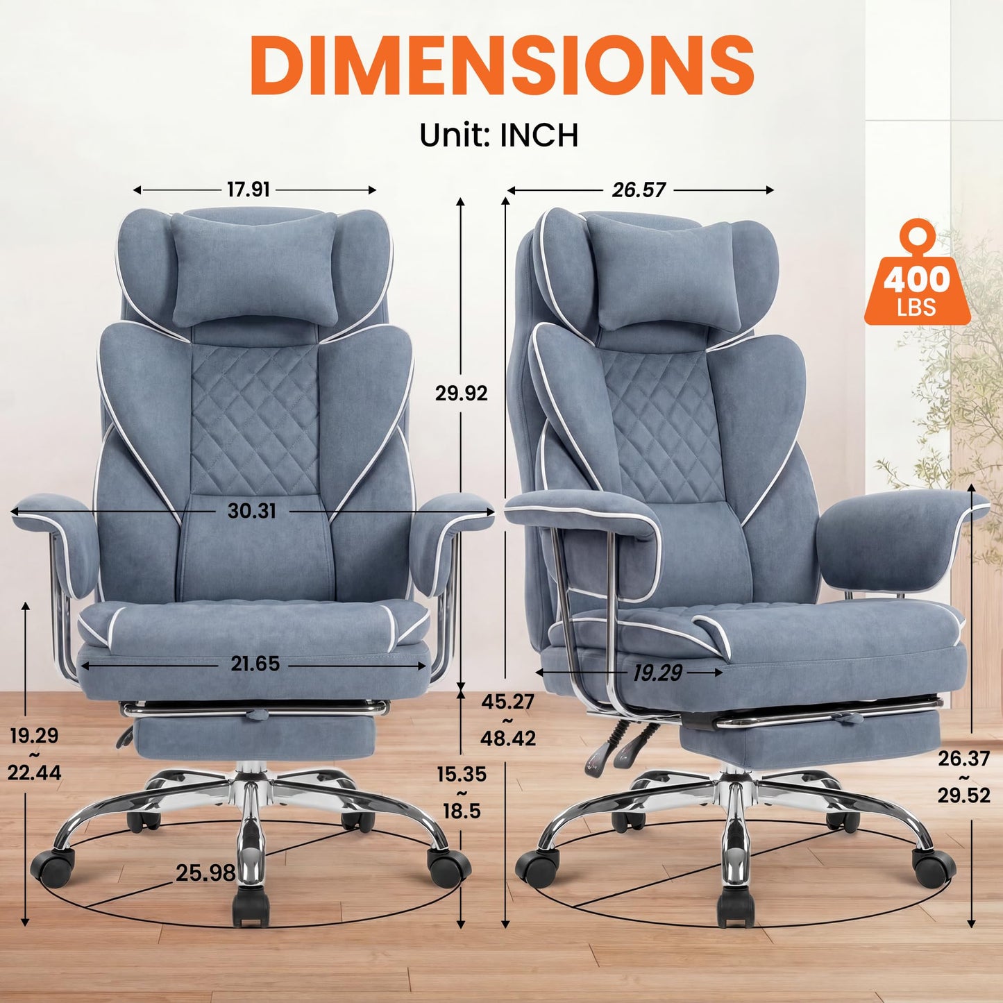 NEO Chair Big and Tall Offie Chair Gaming Computer Chair High Back Heavy Duty Desk Chai with Lumbar Support Adjustable Recliner Footrest Wide Seat Fabric Executive Home with Wheels (Fabric Blue)
