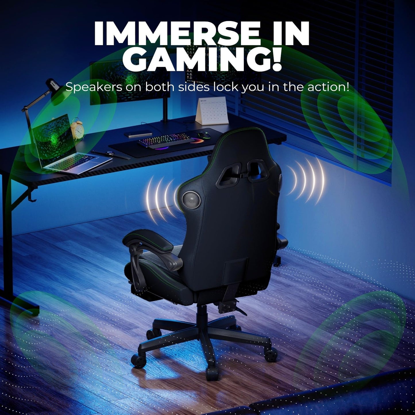 GTPLAYER ACE-PRO Music Gaming Chairs – Built-in Speakers, App Support & Bluetooth Control, Computer Game Chairs with Footrest for Adults, Ergonomic, Reclining, Linkage Armrest, Black & Green Stitch