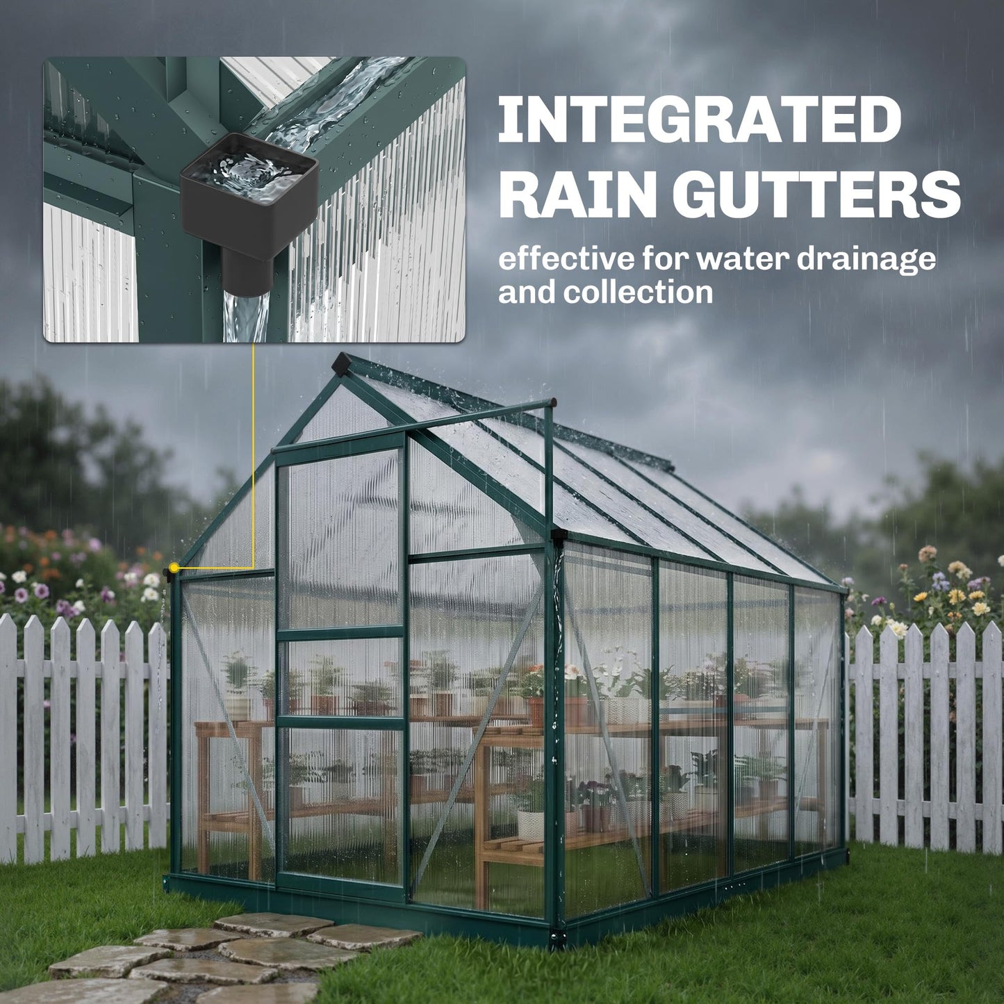 Outsunny 6' x 8' Greenhouse for Outdoors, Polycarbonate Greenhouse with Rain Gutter and Roof Vent, Aluminum Walk-in Green Houses with Push Door for Outside for Patio Backyard Garden, Dark Green