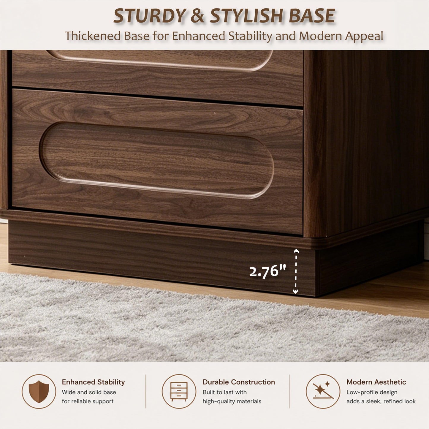Aoikax Modern 3 Drawer Nightstand X 2P with Push-to-Open Drawers, Mid-Century Bedside Table with Raised Base for Bedroom, Oval Groove Panel Front, Dark Walnut Color