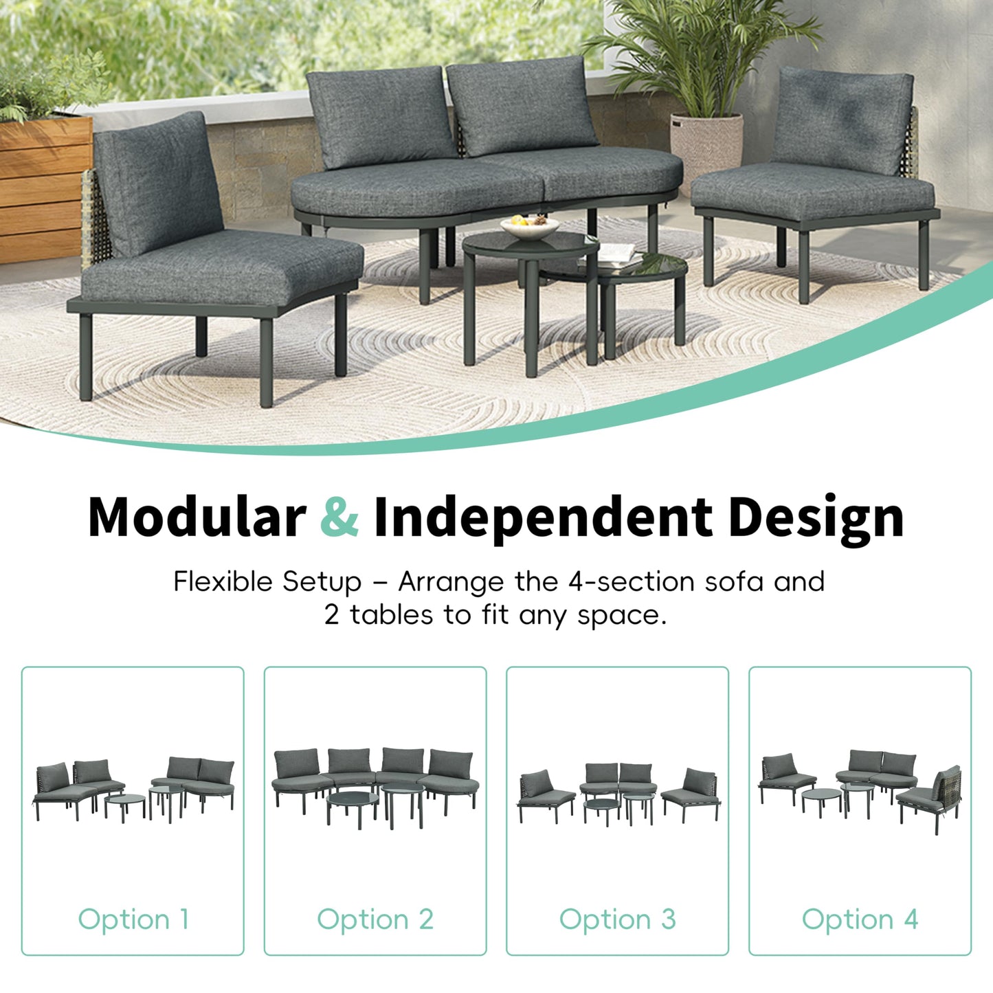 YOPTO 6-Piece Patio Sofa Furniture Set,Half Moon Outdoor Sectional Sofa with 2 High-Low Coffee Tables and Tempered Glass,PE Wicker Rattan Chair w/ 4 Pillows & Cushions,Furniture for Poolside,Gray