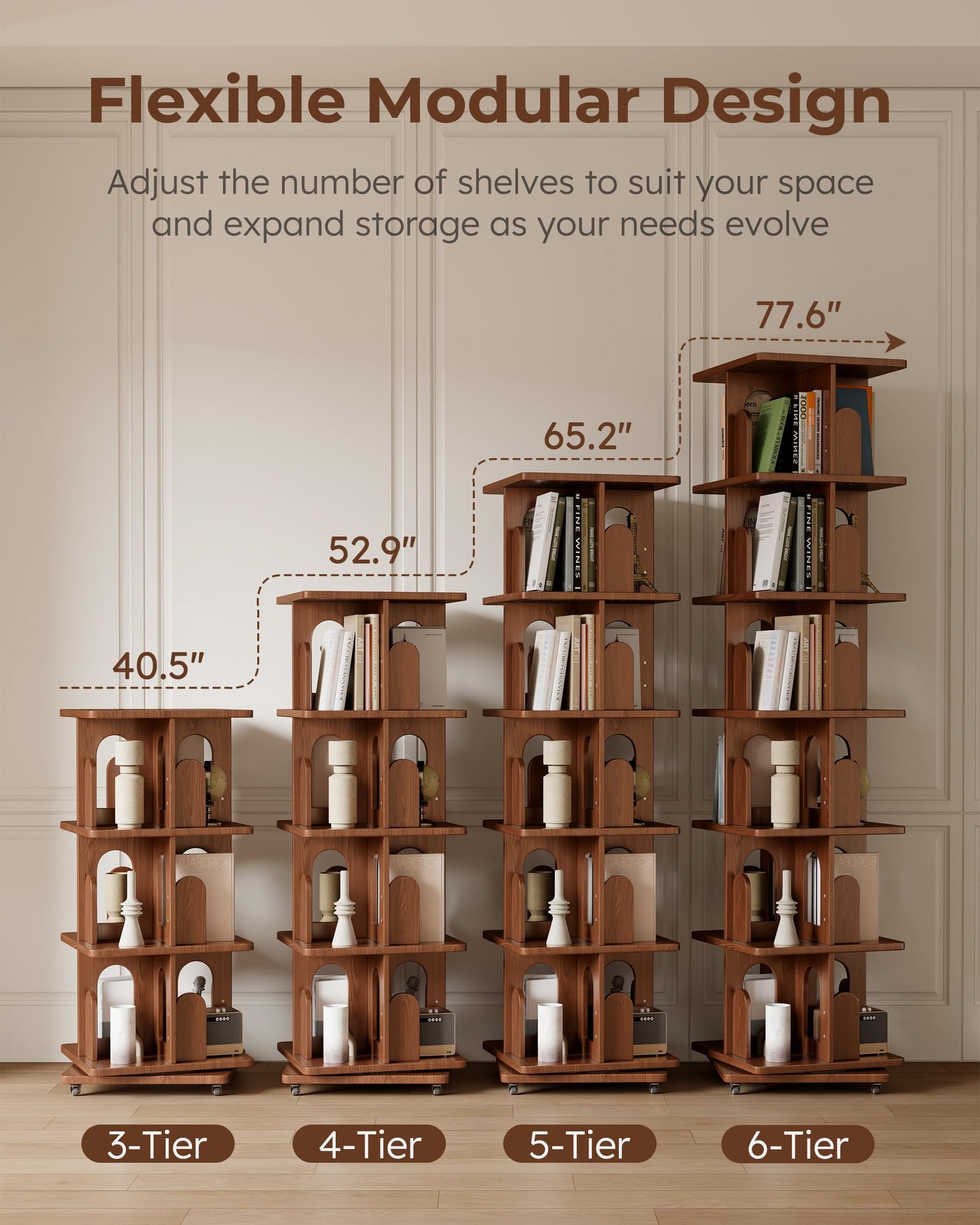 DONGMUWUJEE Solid Wood Rotating Bookshelf Tower with Book Ends, 6 Tier Corner Book Shelf with Wheels, Spinning Bookshelf Kids, Revolving Bookcase Shelf, Tall Narrow Book Case for Small Spaces, Walnut