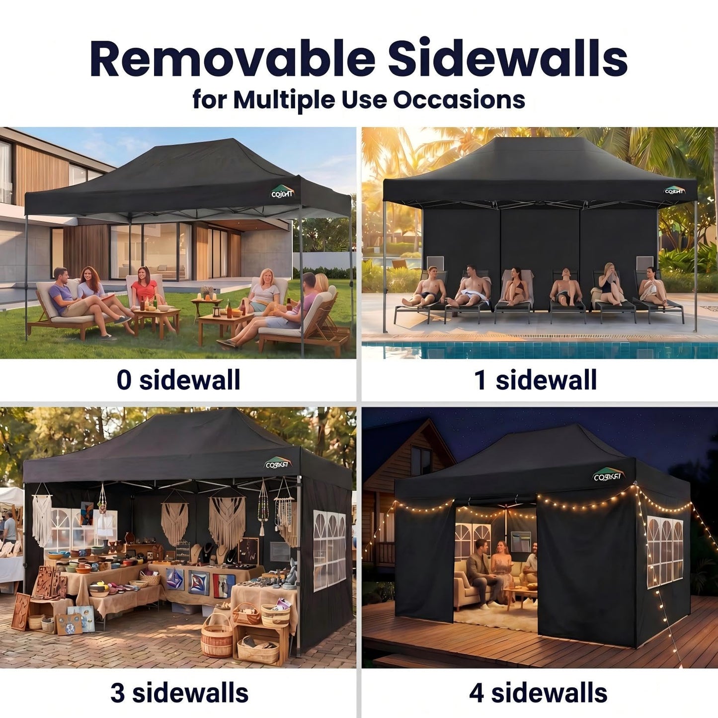 COBIZI 10x15 Pop up Canopy Tent 10x15 Canopy with 4 Sidewalls Waterproof Heavy Duty Commercial for Parties Outdoor Garden Gazebo Tent, Carry Bag(10x15ft, Black)