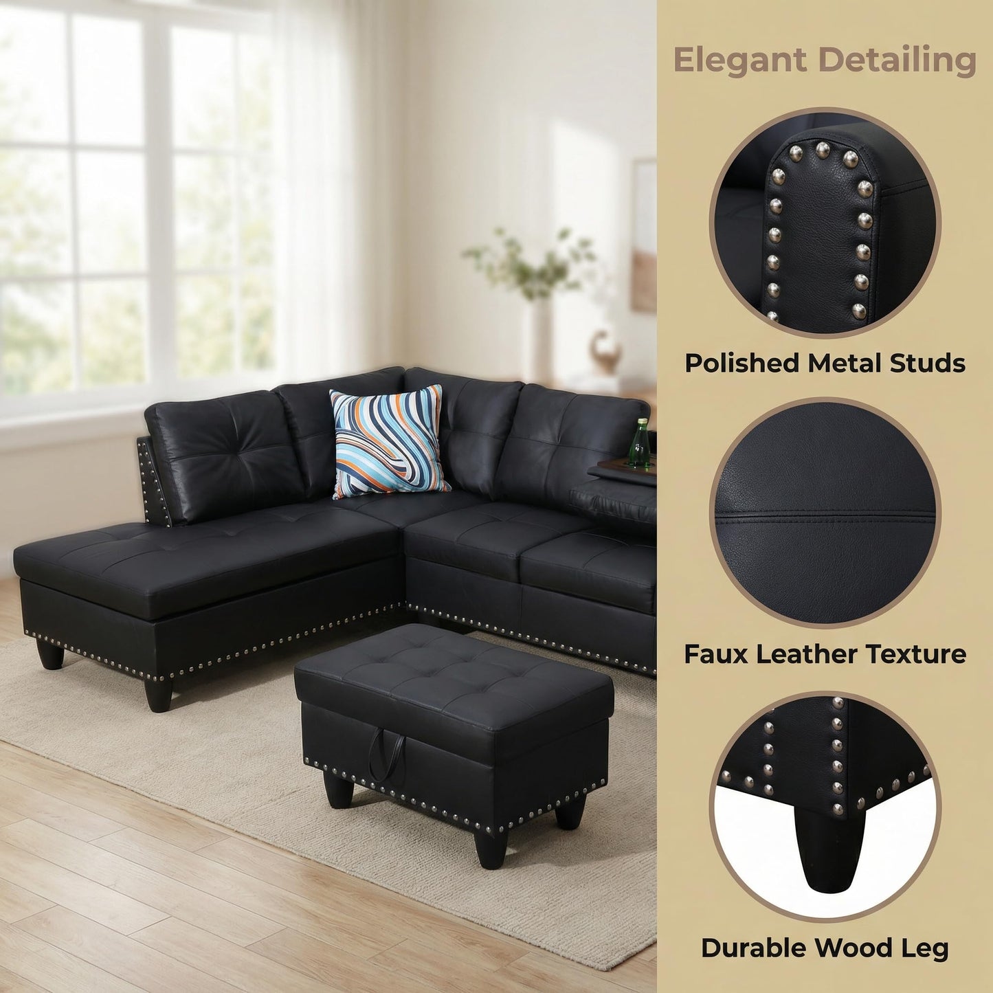 Trygoal Leather 3-Piece L-Shaped Couches for Living Room, Sectional Sofa with Storage Ottoman & Movable Chaise, Modular Convertible Couch for Bedroom & Apartment, Midnight Black