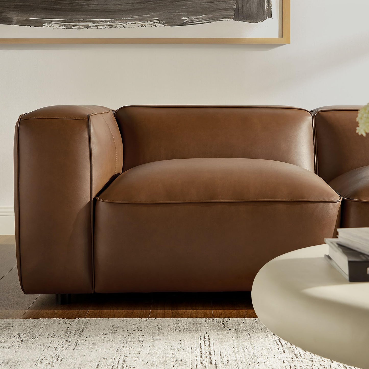 Modway Auren Vegan Leather 5 Piece Modular Sofa in Coffee - Faux Leather L Shaped Sectional - Comfy Modern PU Leather Sofa - Oversized Mid Century Modern Couch for Living Room, Apartment