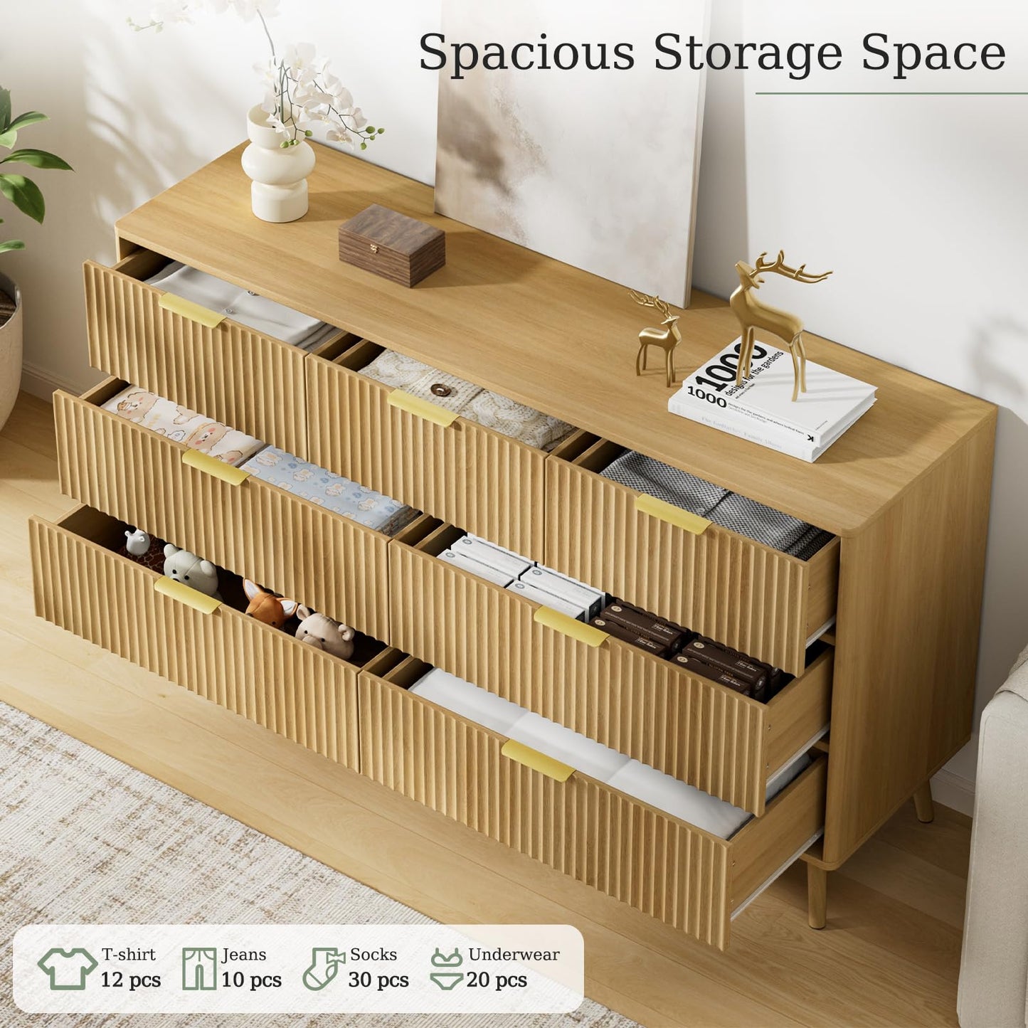 LYNSOM 55" Wide Fluted Dresser for Bedroom with 7 Drawer, Modern Chest of Drawers with Curved Profile Design and Metal Handles, Wood Dresser TV Stand & Storage Organizer for Living Room, Oak