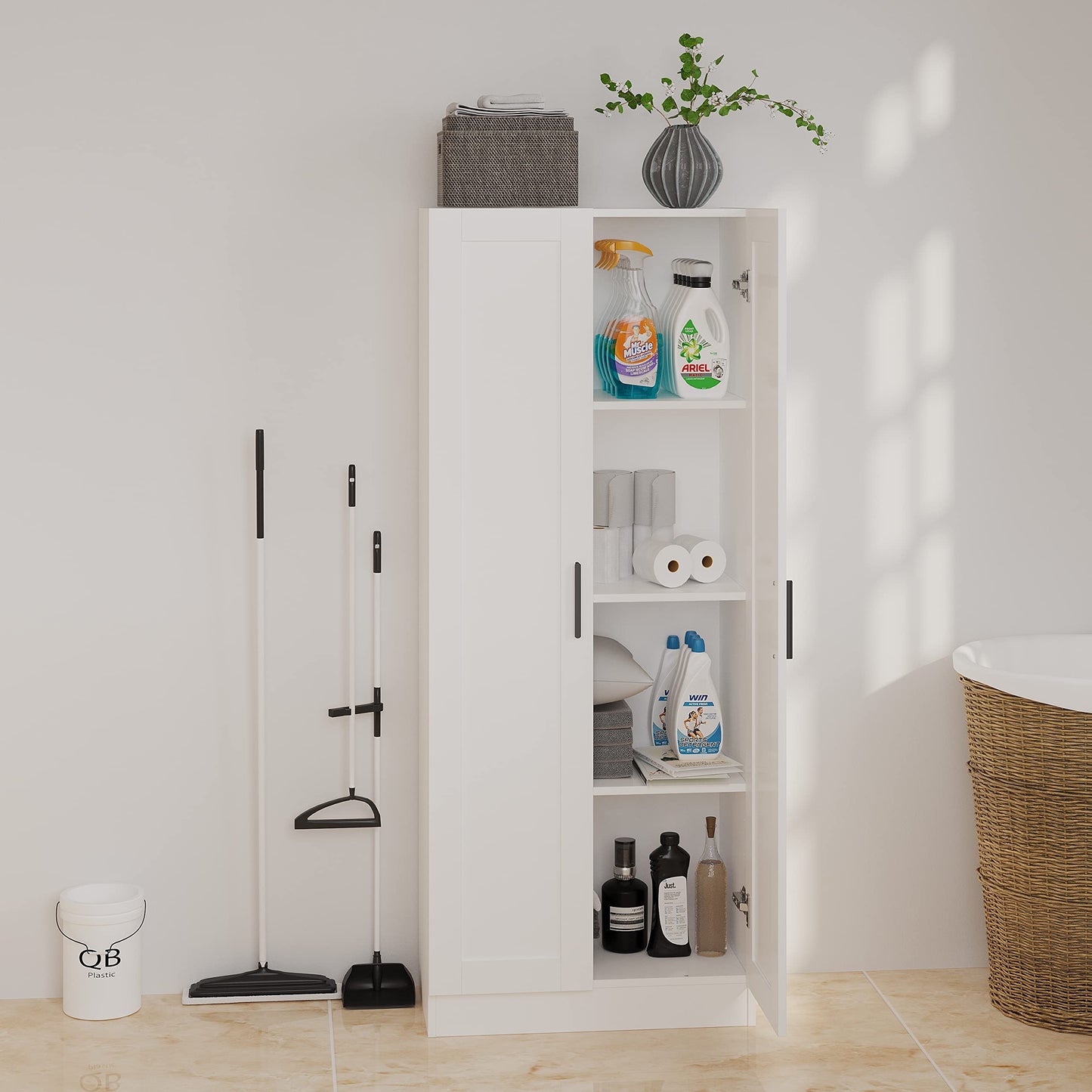 Panana Wooden Storage Cabinet, Narrow Pantry Cabinets Free Standing Tall Storage Cabinet with 2 Doors and Shelves (White)