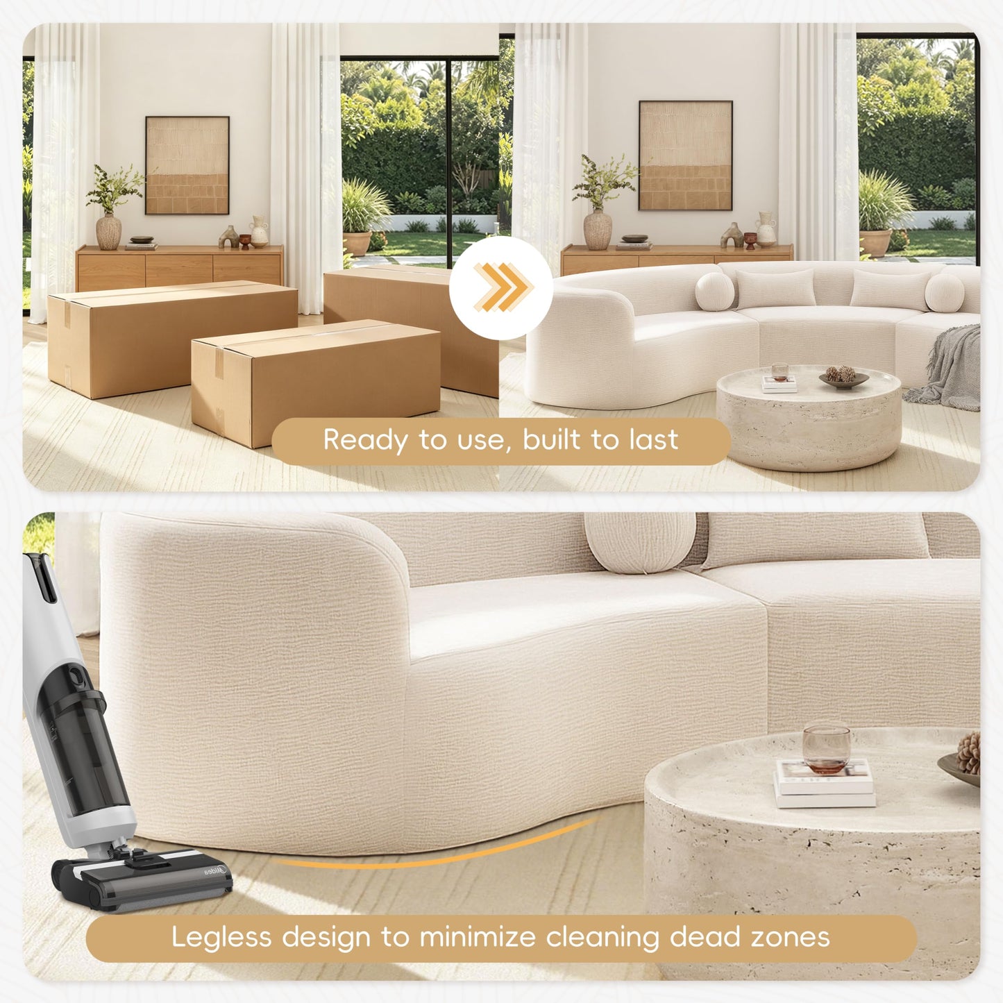 Merax 153" Chenille Modular Sectional Sofa Set, 6 Seat Curved Frameless Oversized Cloud Couch with 4 Pillows, Free Combination Hook & Loop, Fully Compressed, No Assembly for Living Room, Beige