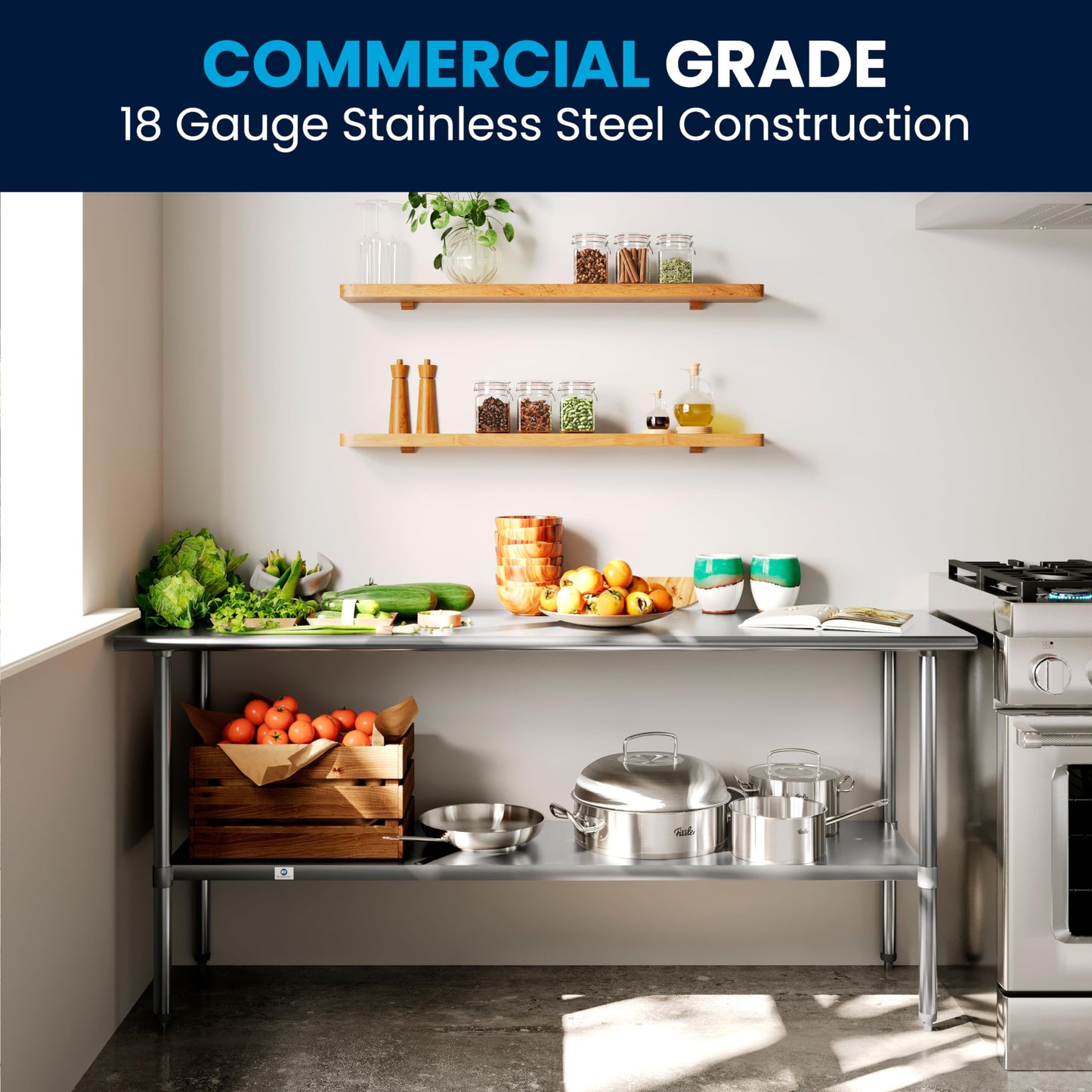 Flash Furniture Reader NSF Certified Stainless Steel Kitchen Prep and Work Table, Commercial Work Table with Undershelf Storage, Silver