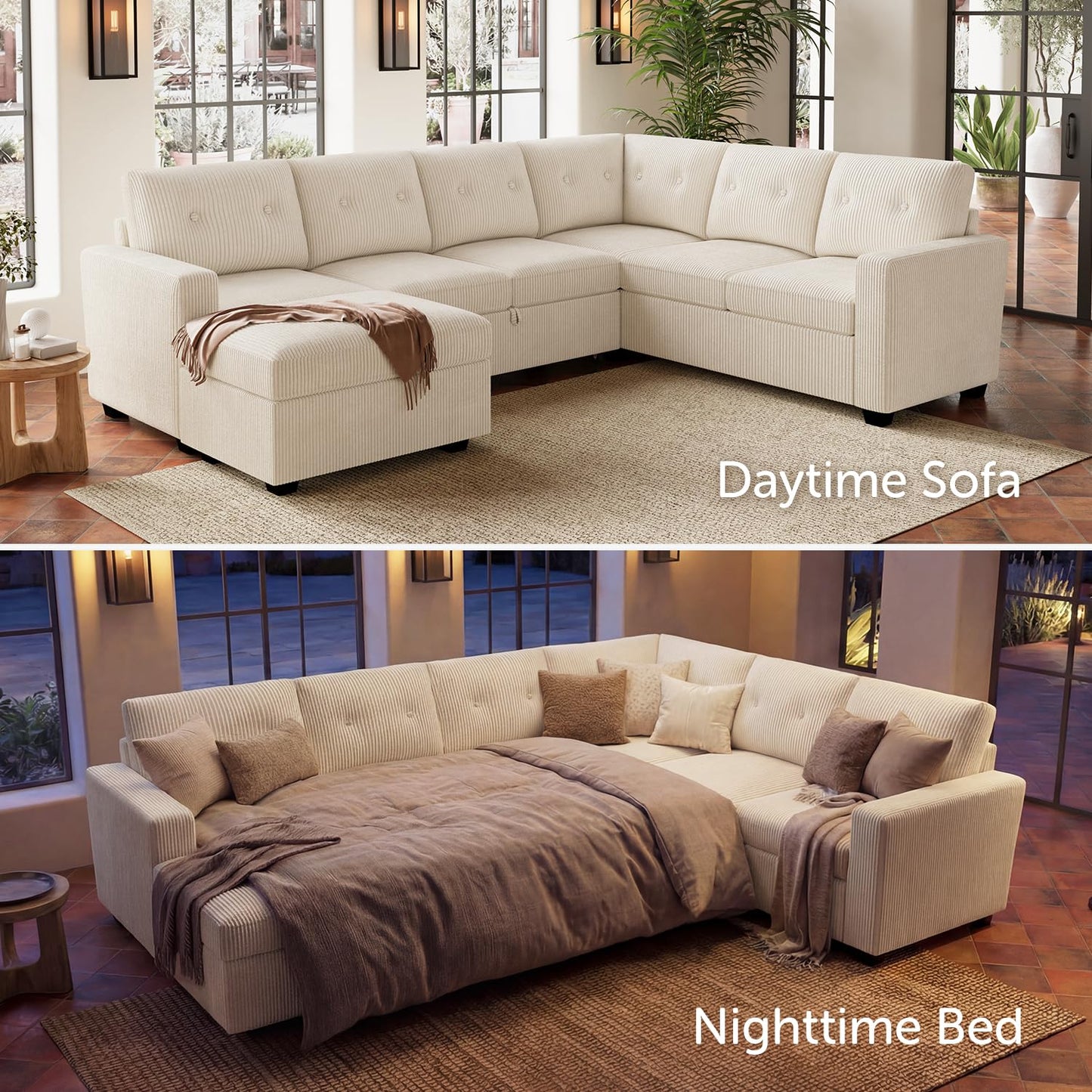 HONBAY 106.2 Inch U-Shaped Sectional Sleeper Sofa with Pull-Out Bed & Storage Ottoman, 7-Seater Sectional Sofa for Living Room, Pet-Resistant Corduroy Couch, Beige