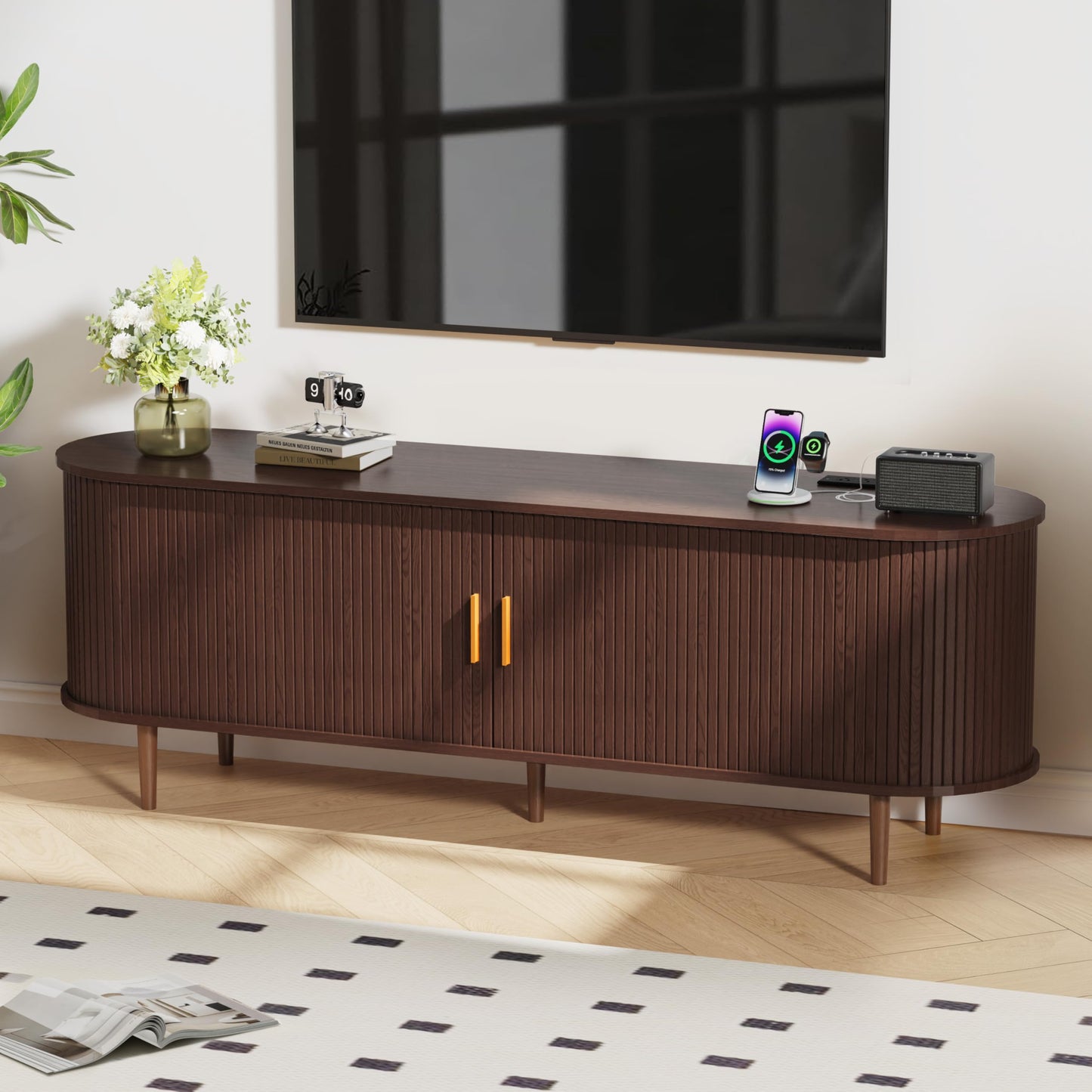DHH 63 Inch Mid Century Modern TV Stand with Power Outlet for TVs up to 70 Inch, Entertainment Center with Storage and Adjustable Shelves, Media Console with Sliding Doors for Living Room(Walnut)