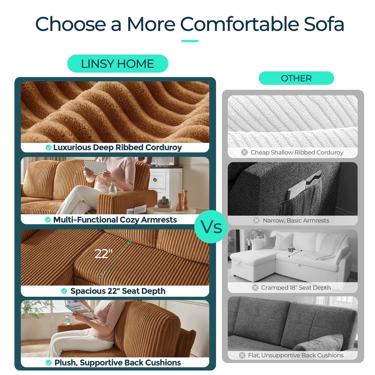 LINSY HOME Sectional Sleeper Sofa with Storage Chaise & USB Charging, Convertible Pull Out Couch Bed Plush Corduroy Modular Sectional Couches for Living Room Apartment (Brown)