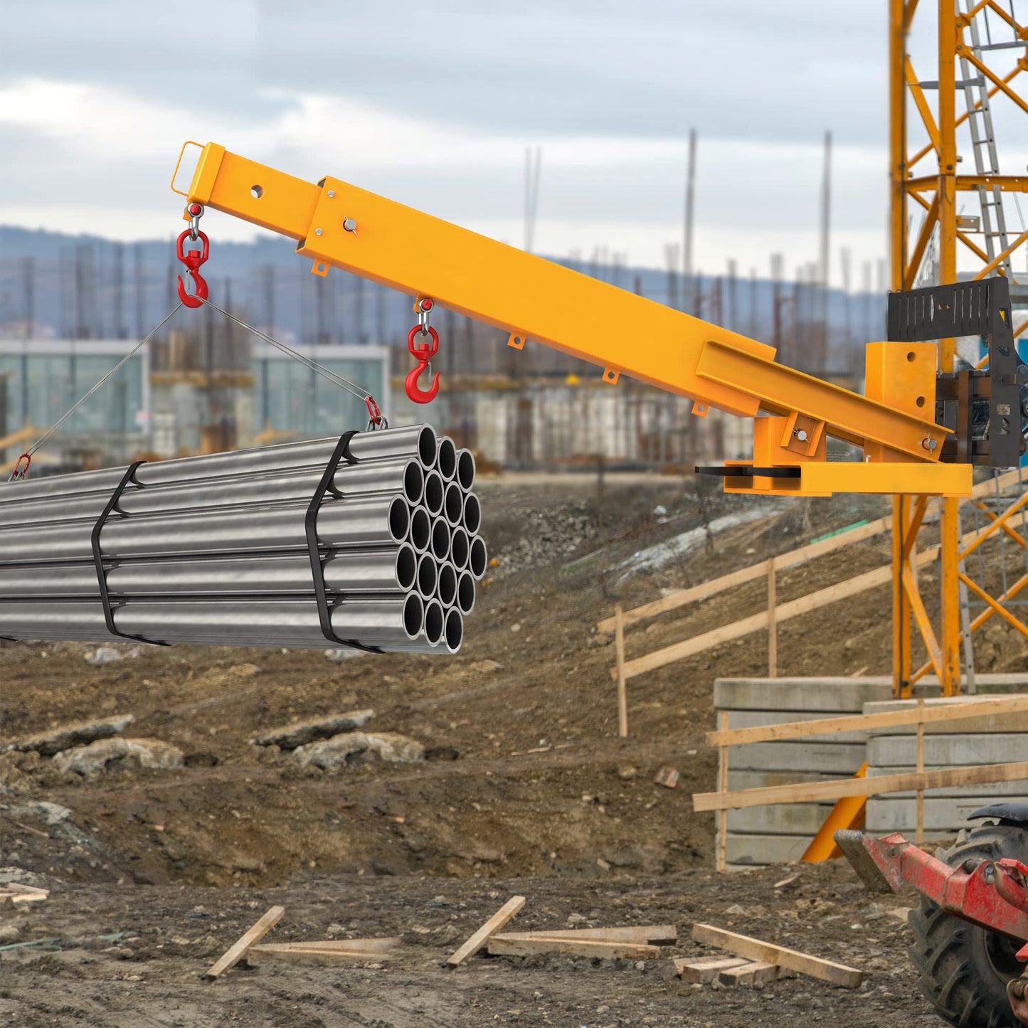 YINTATECH Forklift Mobile Crane 6000lbs/3T Capacity,Adjustable Hoist Pivoting Forklift Jib Boom Crane Forklift Lifting Attachment 2 Hooks Hoisting Attachment for Forklift