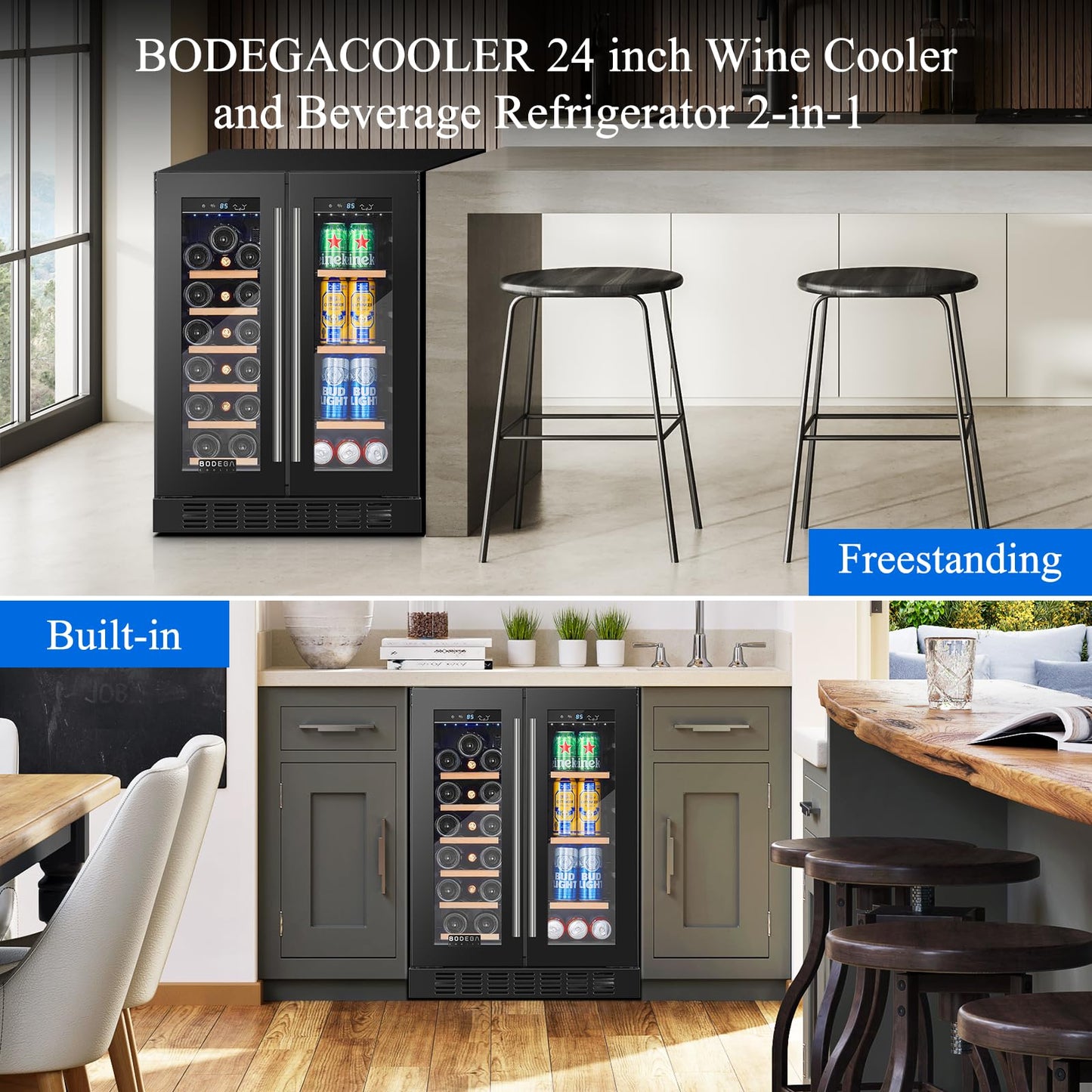BODEGACOOLER Wine and Beverage Refrigerator, 24 Inch Dual Zone Beveage Fridge, Freestanding Wine Fridge, Under Counter Beverage Cooler With Glass Door with LED Light for Bar,Home Use,Club,Kitchen