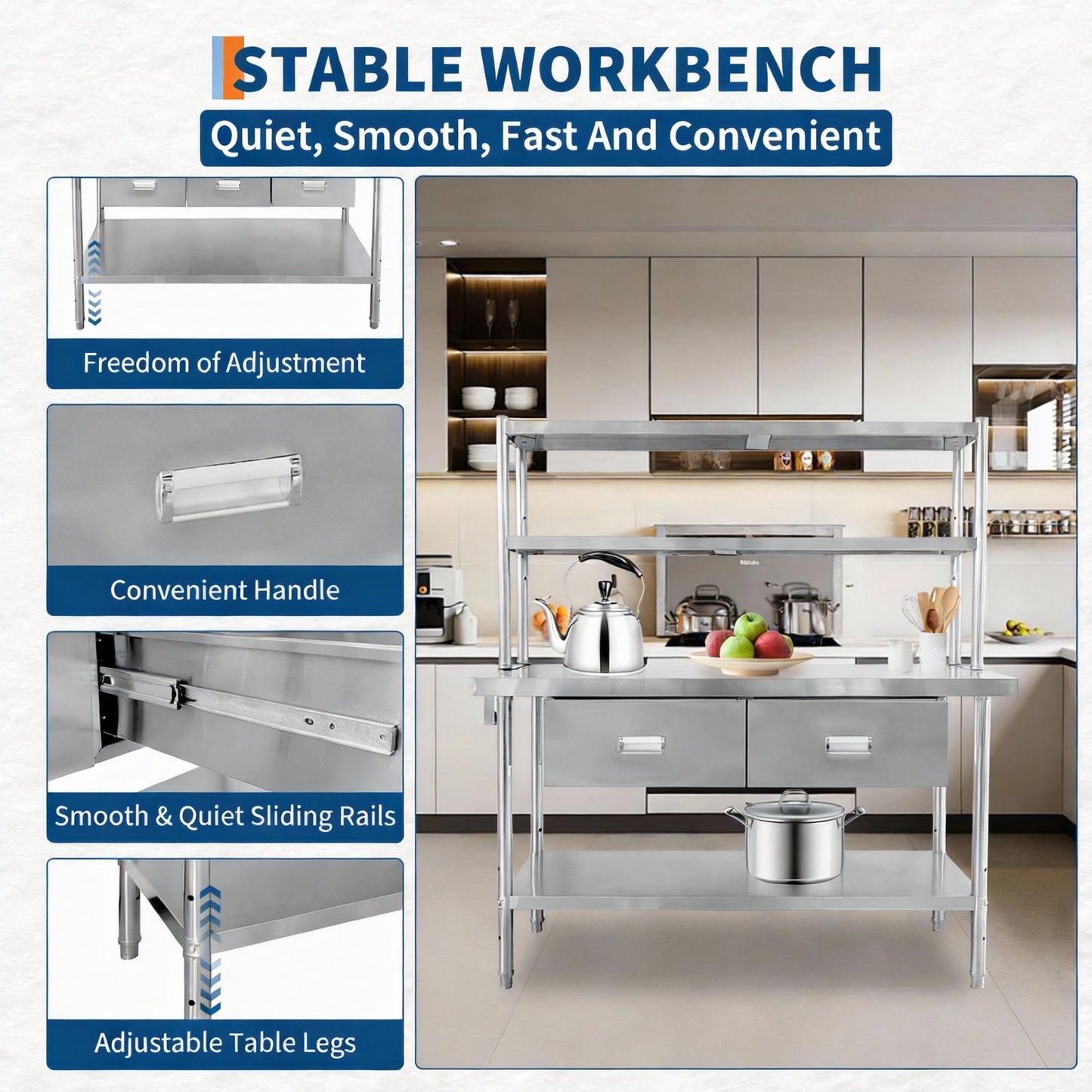 Stainless Steel Table with Overshelves and Drawers, Work Tables Workbench