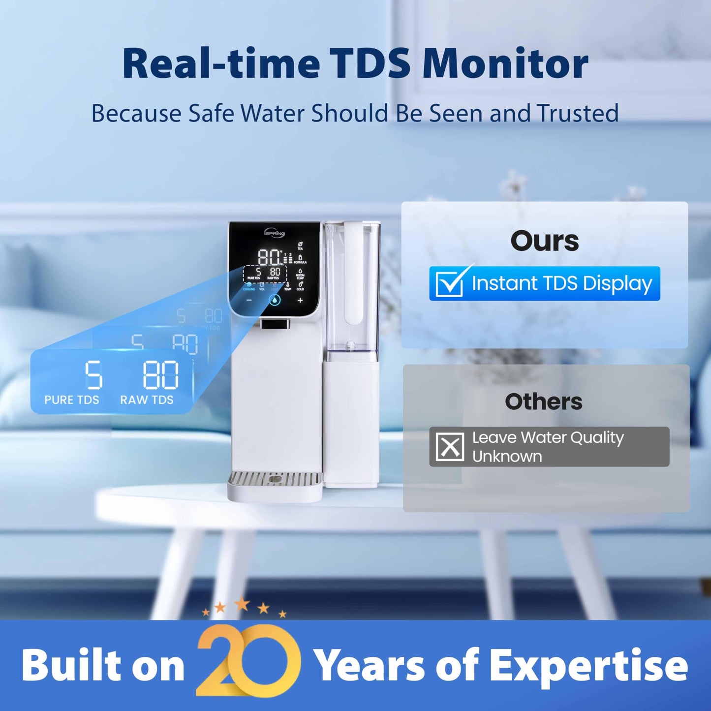 iSpring RCD100-THCW Hot & Cold Countertop Reverse Osmosis System, White, RO Water Filter Dispenser, 9 Temperature Options from 50–210°F & 6 Dispensing Volumes, TDS & Filter Life Monitor