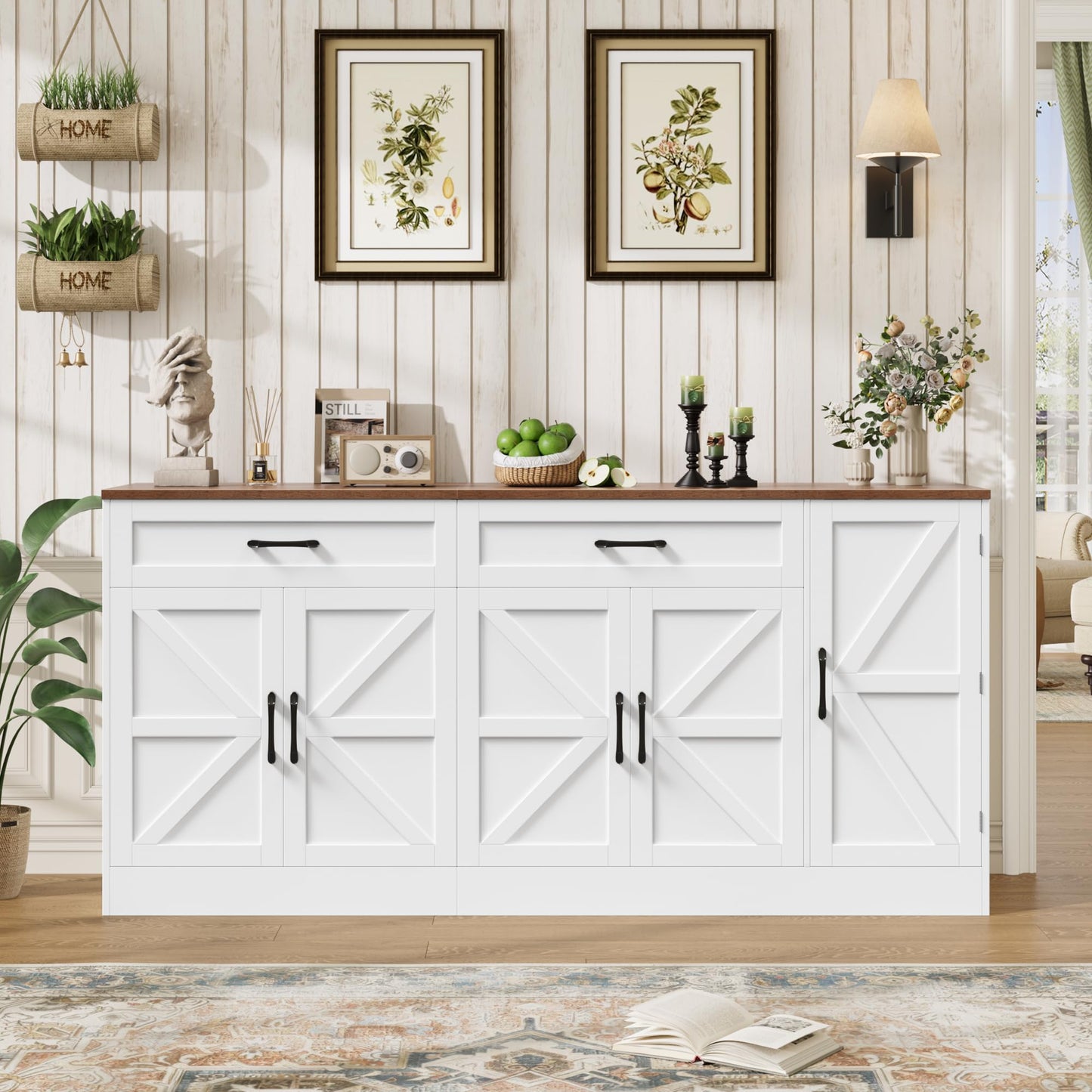 BOTLOG 71” Large Sideboard Buffet Cabinet with Storage, Farmhouse Buffet Cabinet with Adjustable Shelves and 3 Door Shelves, Wood Coffee Bar Console Table for Kitchen, Dining Room (White)
