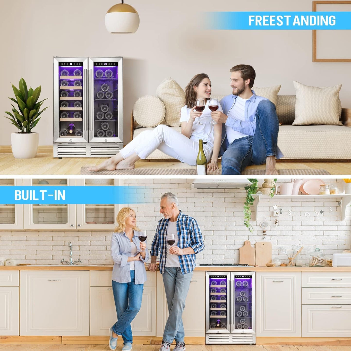 Antarctic Star 24 Inch Dual Zone Wine and Beverage Refrigerator, Built-in or Freestanding Mini Fridge with Clear Glass Door & LED Light, for Beer, Soda, and Wine