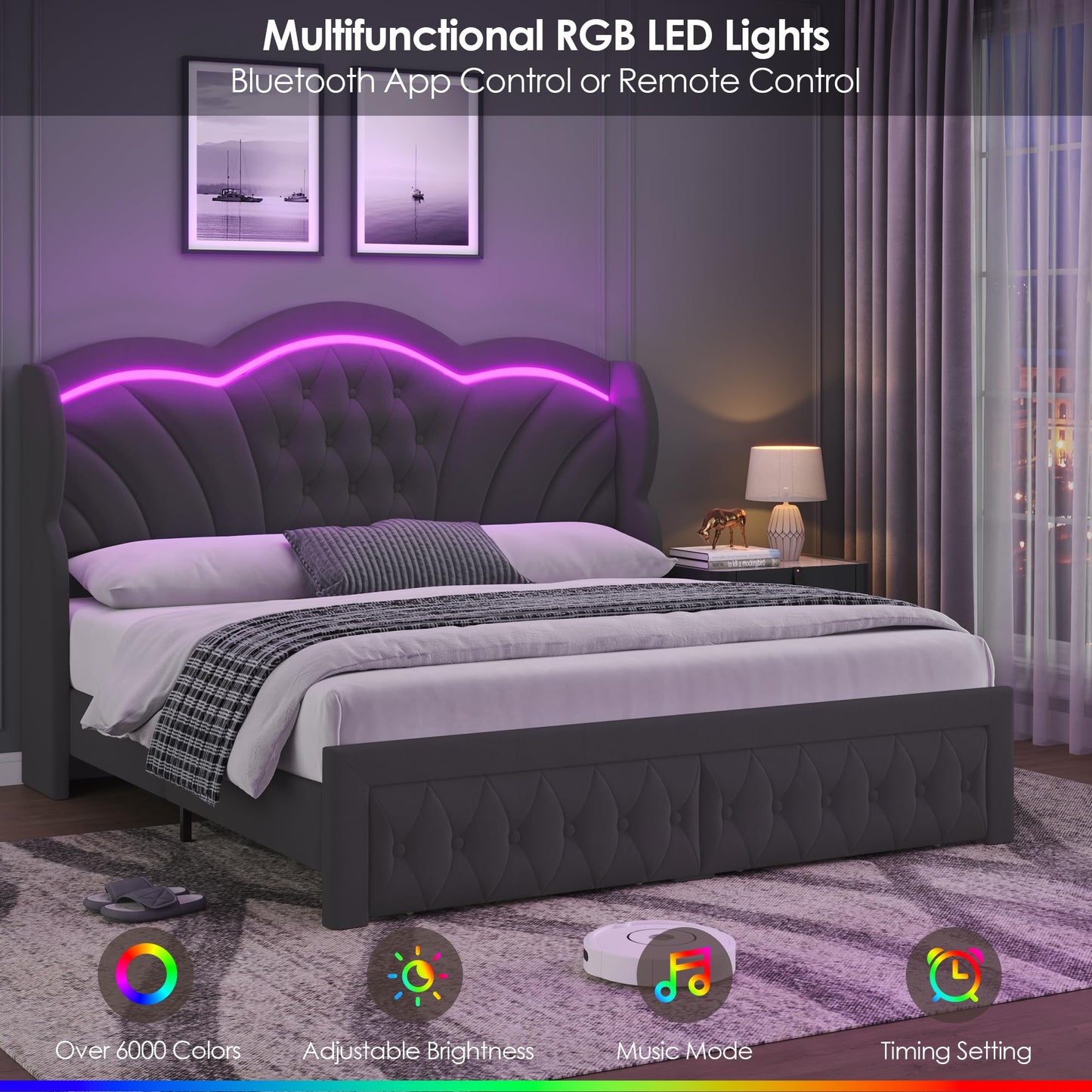 Keyluv Queen Bed Frame with LED Lights and 2 Storage Drawers, Velvet Upholstered Platform with 47" Tall Arc-Shaped Wingback Headboard and Button Tufted Design, No Box Spring Needed, Noise-Free, Gray