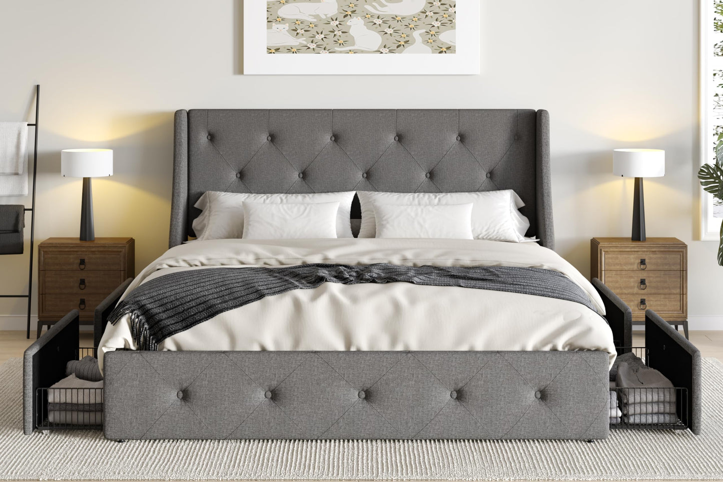 SHA CERLIN Upholstered Full Size Platform Bed Frame with 4 Storage Drawers and Wingback Headboard, Diamond Stitched Button Tufted Design, No Box Spring Needed, Light Grey