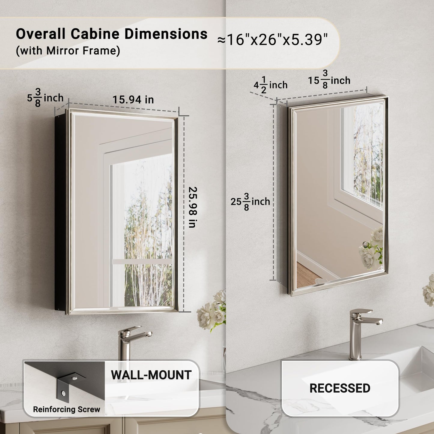 QueenFun 16x26 Pre-Assembled Bathroom Medicine Cabinet Mirror, Surface or Recessed Brushed Nickel Medicine Cabinet with Mirror & Rustproof Aluminum Frame, Beveled Bathroom Vanity Mirror with Storage
