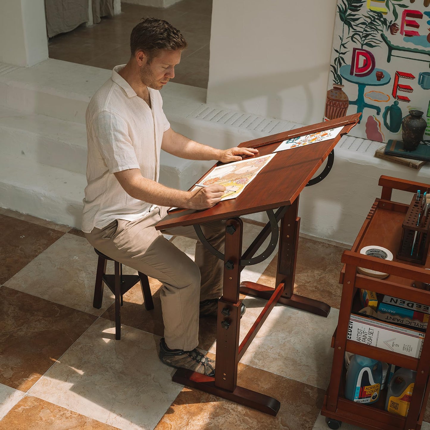 MEEDEN Vintage Wooden Drafting Table: 35.5" x 23.5'' Artist Drawing Table with Adjustable Height & Tilting Tabletop - Studio Painting Craft Desk for Writing Reading Sketching