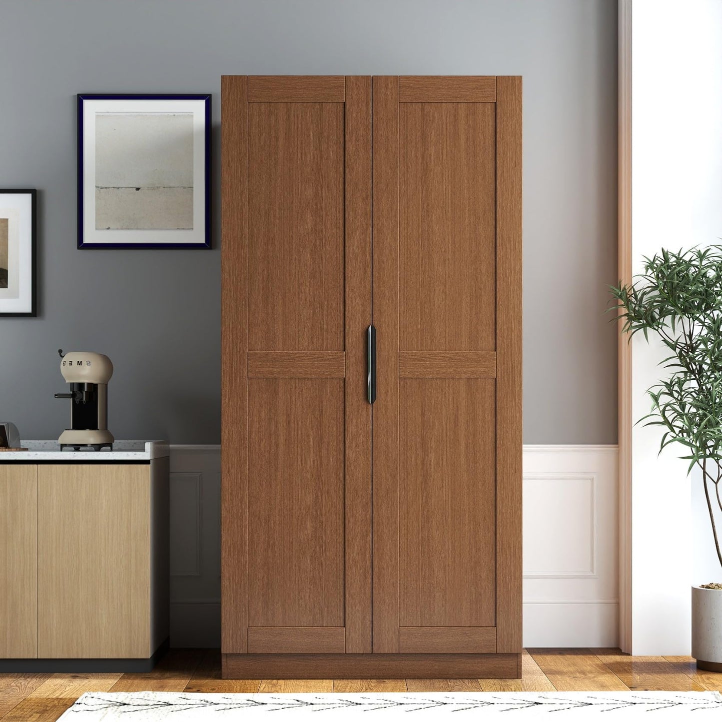 KEIKI 63" Tall Kitchen Pantry Storage Cabinet with Door-Side Rack & Shelves, Freestanding Wood Hutch Food Pantries Cupboard for Coffee Bar, Dining Room