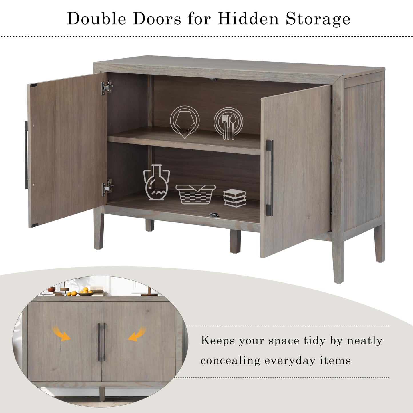 Merax Wood Farmhouse Buffet Sideboard with Metal Handles and 2 Doors, Coffee Bar Storge Cabinet Console Table for Living Room Bedroom Kitchen Hallway Gray