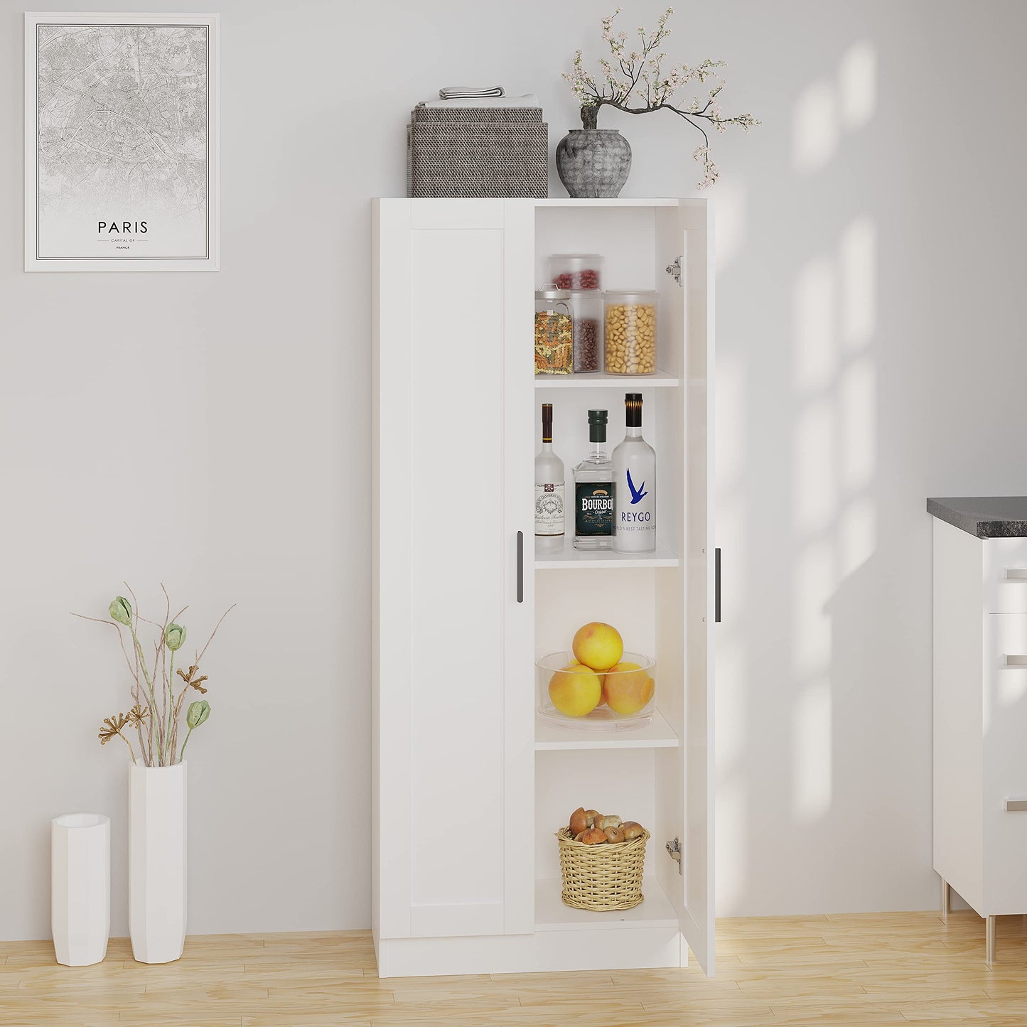 Panana Wooden Storage Cabinet, Narrow Pantry Cabinets Free Standing Tall Storage Cabinet with 2 Doors and Shelves (White)