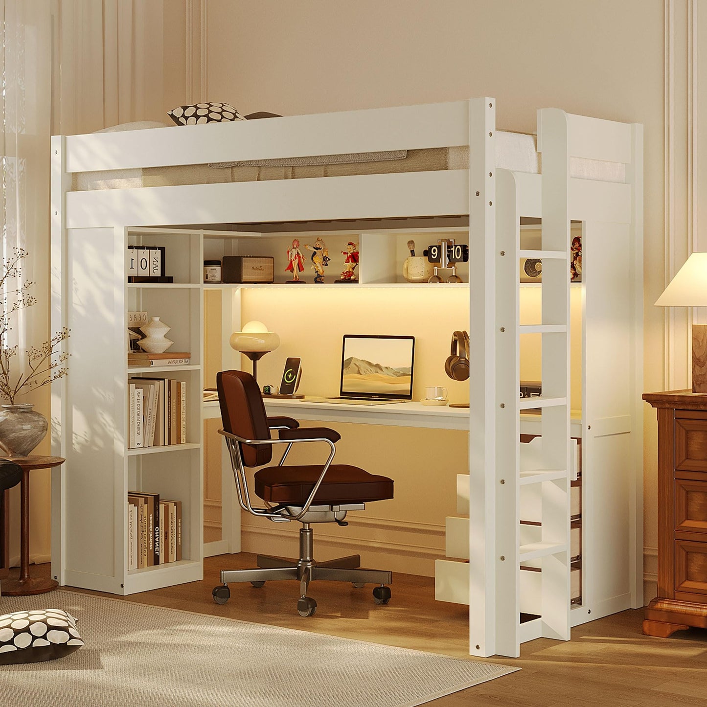 Merax Wood Twin Loft Bed with Desk & 4-Tier Bookshelf & 4 Drawers & Top Storage Shelves, Ash Veneer Bed Frame with Guardrails, Smart APP Control Light Strip, USB Charging Ports, Bear 400lbs, White