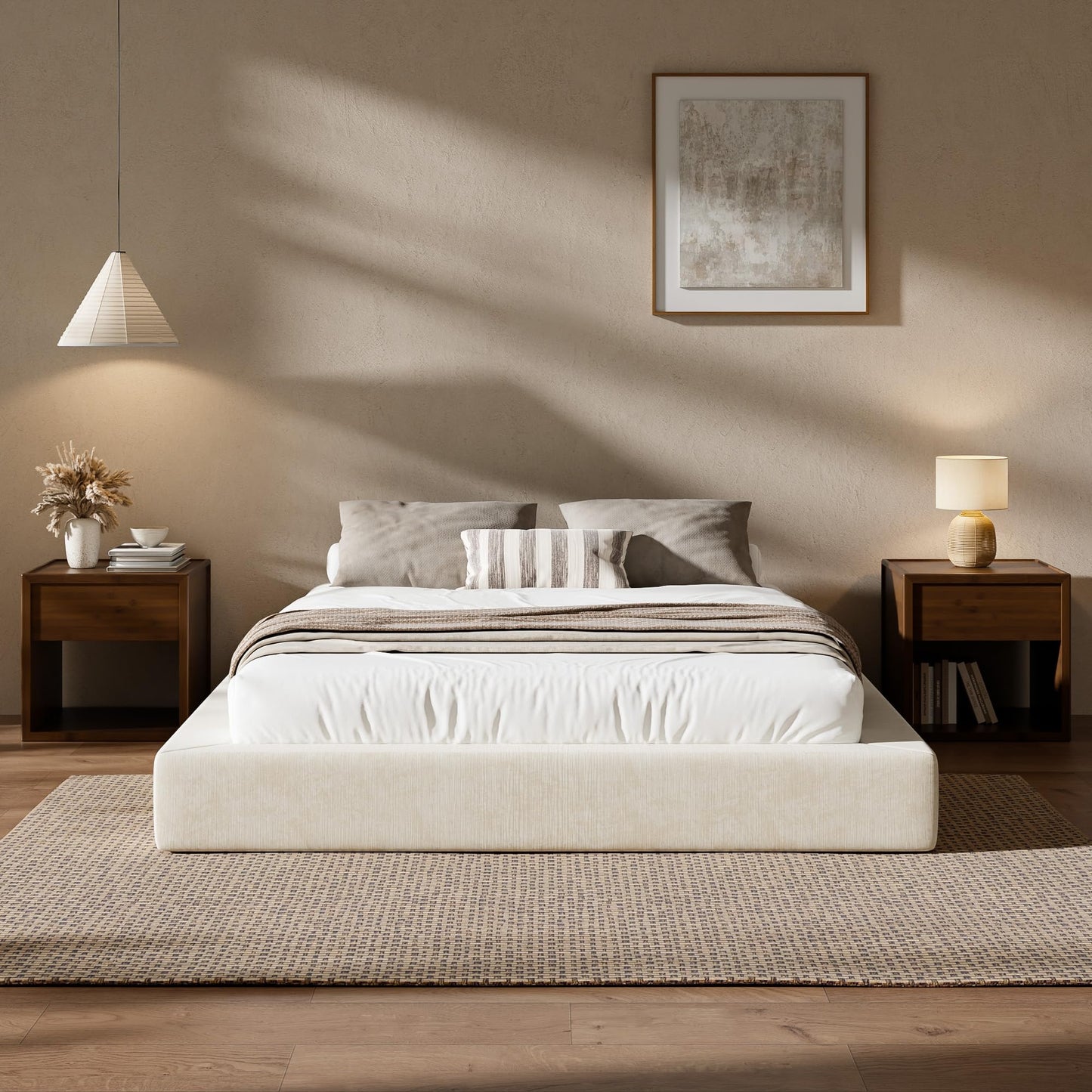 RECCI AirFrame Queen Bed Frame, Cloud Upholstered Platform Bed Frame, 5 Inch Fully Boxy Foam Cushioned, Square Shape Base, No Box Spring Needed, Easy Assembly | Beige Chenille, Soft Low-Profile