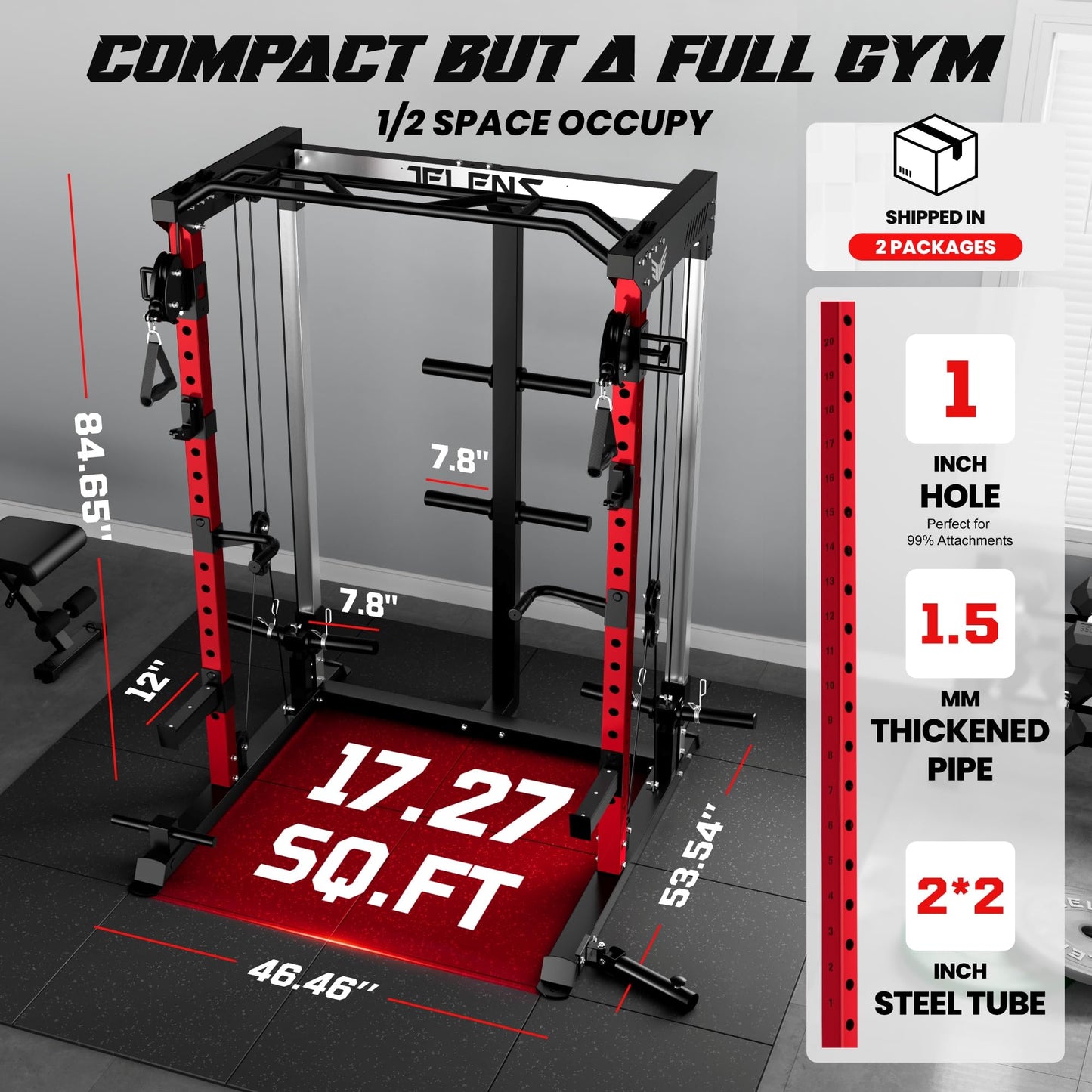 JELENS C21 Power Cage, 2000LBS Multi-Function Power Rack with Independent Dual Pulley System, All-in-One Squat Rack for Cable Crossover, Home Gym Workout Machine (Red, Home Gym Package)