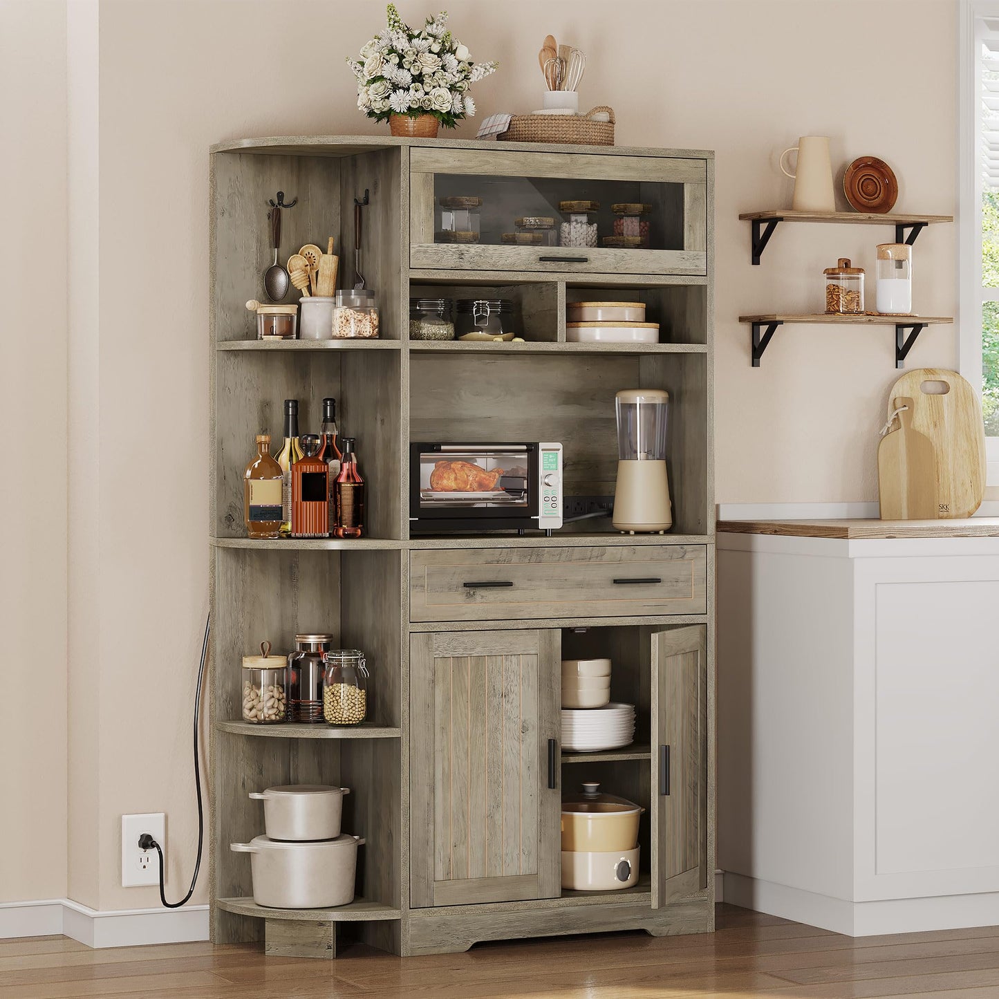 DWVO Farmhouse Kitchen Pantry Cabinet, 67" Bakers Rack w/Storage Cabinet, Coffee Bar w/Charging Station, Buffet Sideboard, Microwave Stand, Hutch Cupboard for Dining Room Kitchen Living Room(Ash Gray)