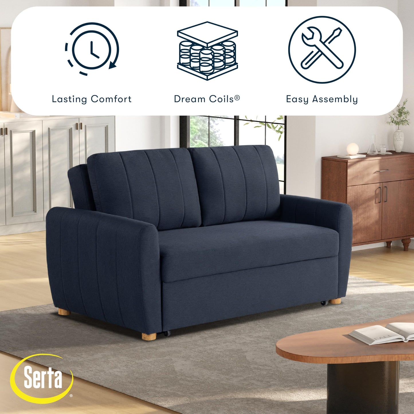Serta® Galway 66.5" Full-Size Convertible Pop-up Sofa, Dream Coil® Comfort, Finger Guard® Pinch Point Protection, Woven Polyester Fabric, Navy Blue