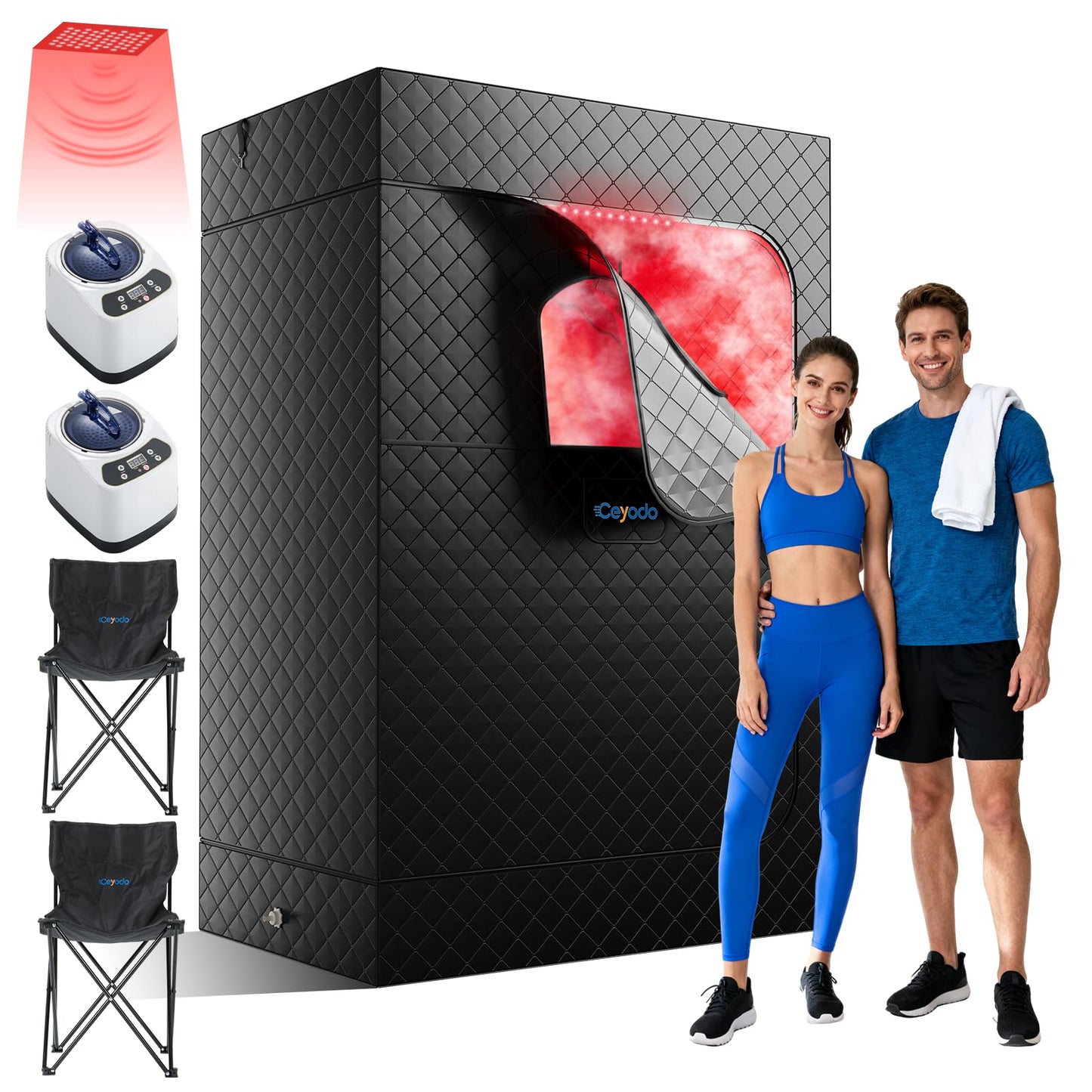 Upgraded 2 Person Infrared Sauna Box, 77”x 37”x 50” Portable Sauna with 660nm Red Light Therapy & 850nm,5-Layer Waterproof, 2 Steamers,2 Folding Chairs for Home Sauna (2 Person Infrared Sauna Box)