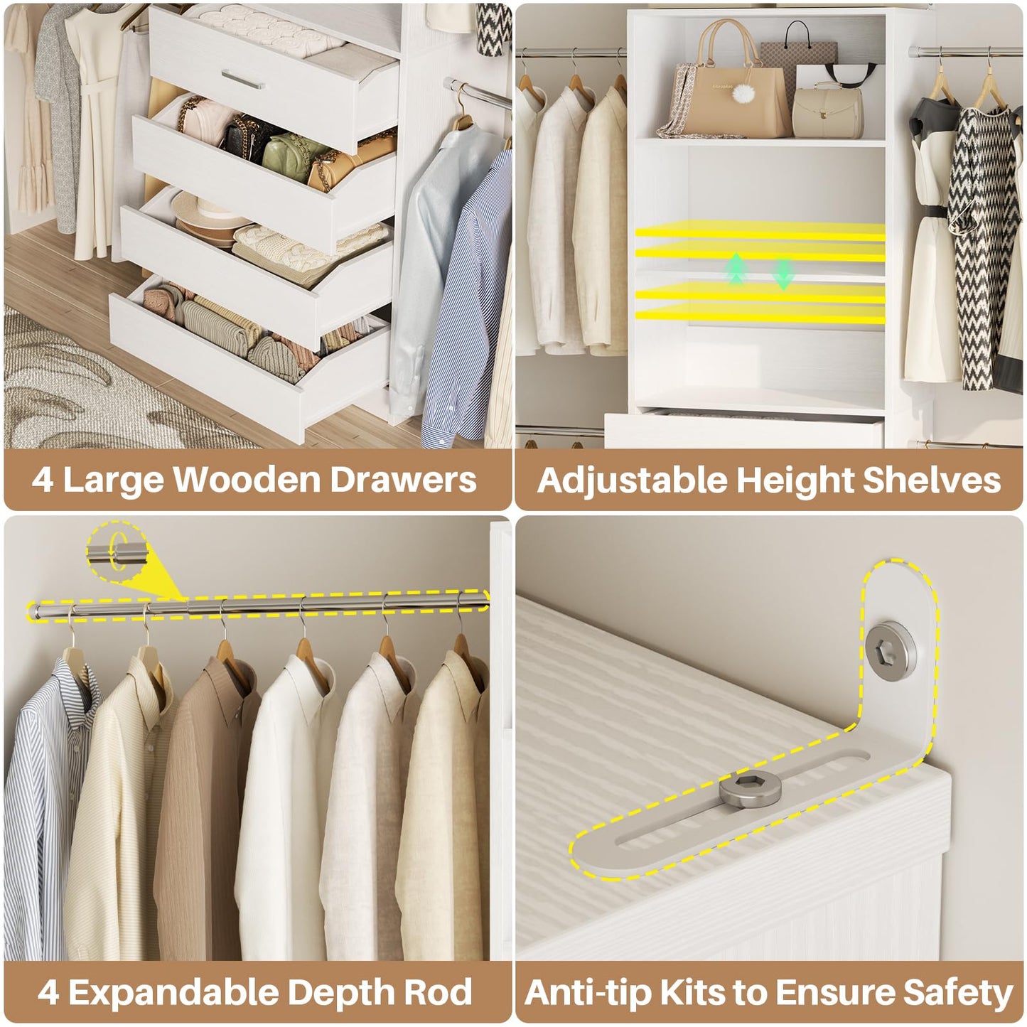 Aheaplus Closet System, 4-9Ft Closet Organizer with 4 Wooden Drawers, Wood Closet Organizer System with Tower, Walk-in Closet Organizer Wardrobe Clothes Rack with 4 Hanging Rods, Garment Rack, White