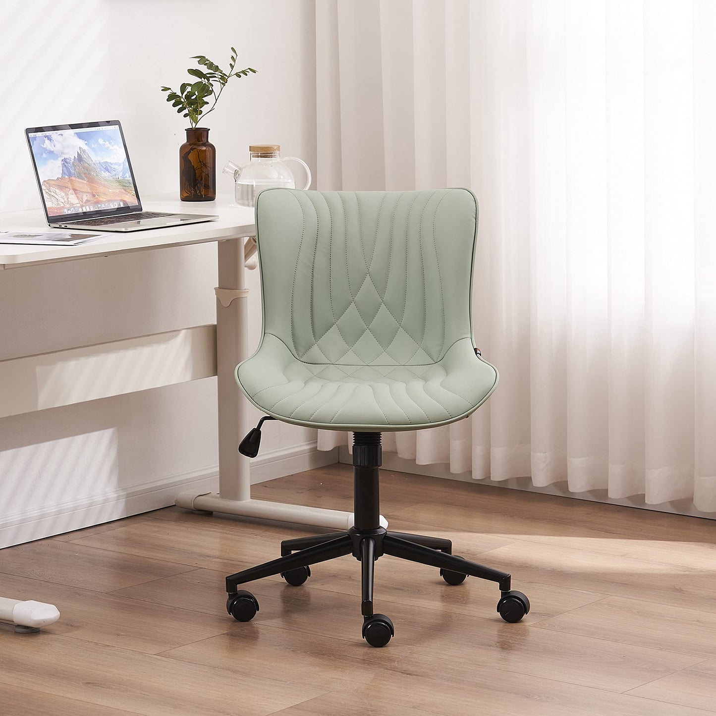 YOUNIKE Office Chair, Armless Desk Chair with Wheels, Home Office Computer Task Chairs, Modern Faux Leather Padded Vanity Chair, Adjustable Swivel Rolling Office Chair with Back, Mint Seafoam Green
