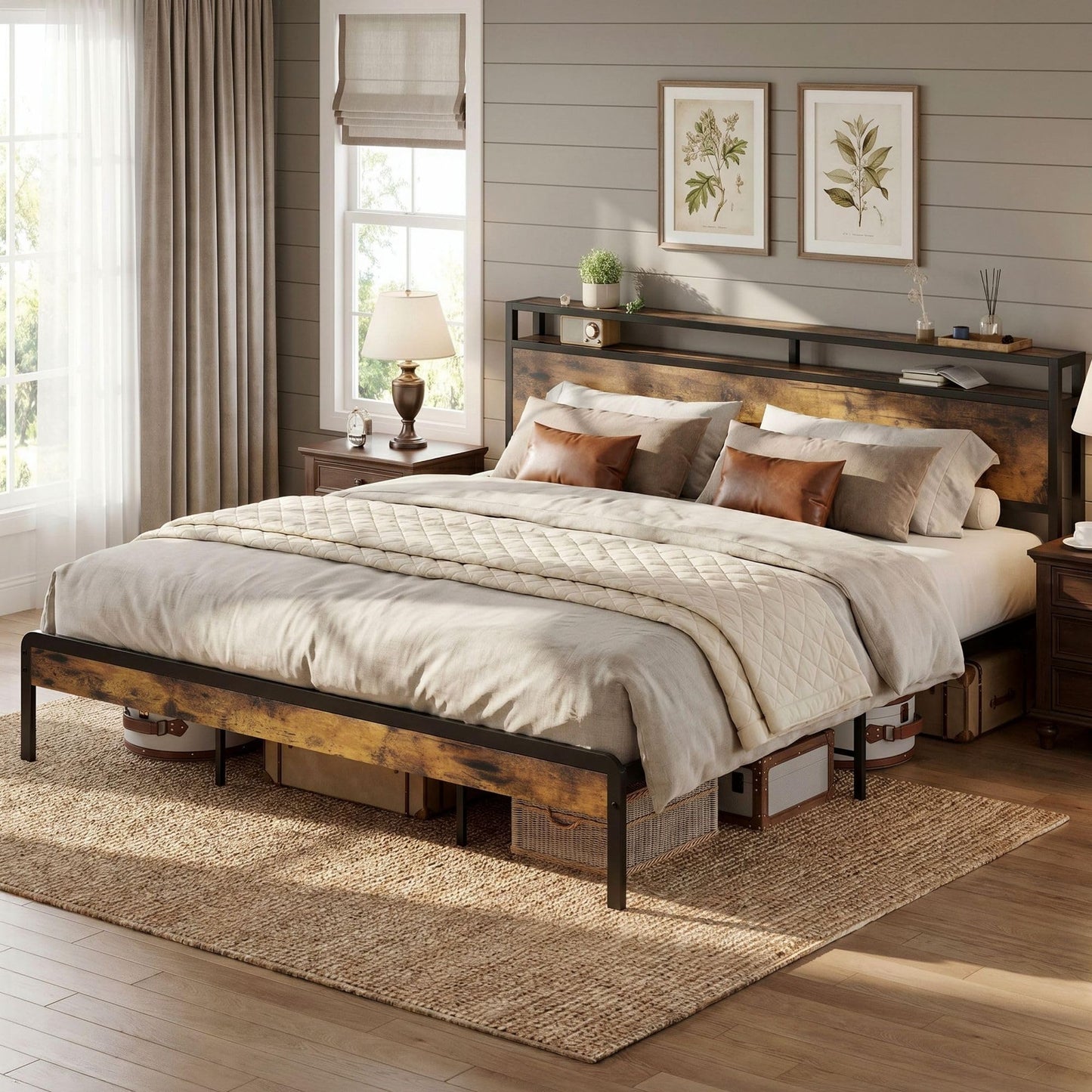 LIKIMIO California King Size Bed Frame, Platform Bed with 2-Tier Storage Headboard, Solid and Stable, Noise Free, No Box Spring Needed, Easy Assembly, Industrial Brown