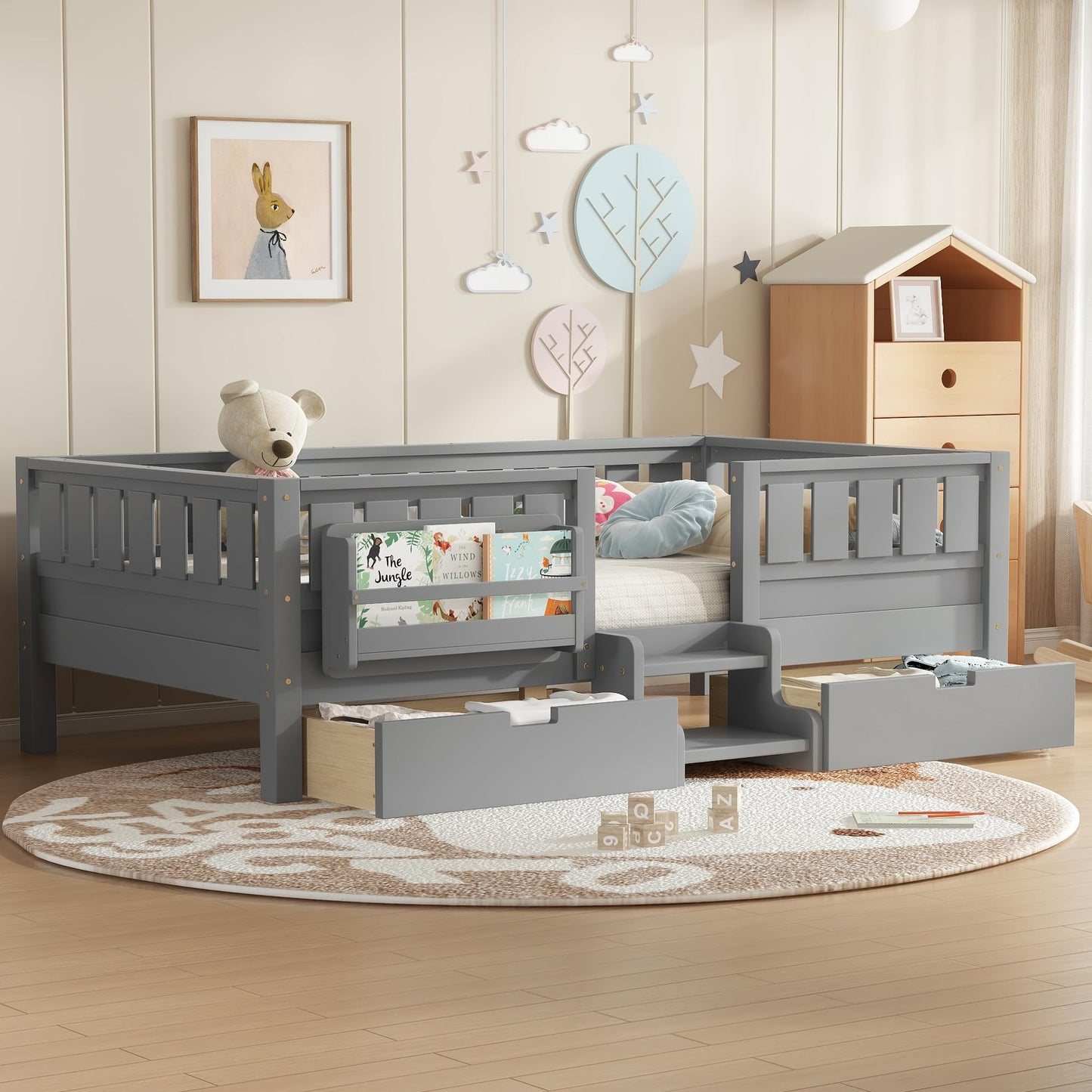 Bellemave Twin Bed with Slats and Stairs, Twin Size Platform Bed Frame with Fence, Bookshelf and Storage Drawers, Easy Assemble Beds for Kids, Girls, Boys, Gray