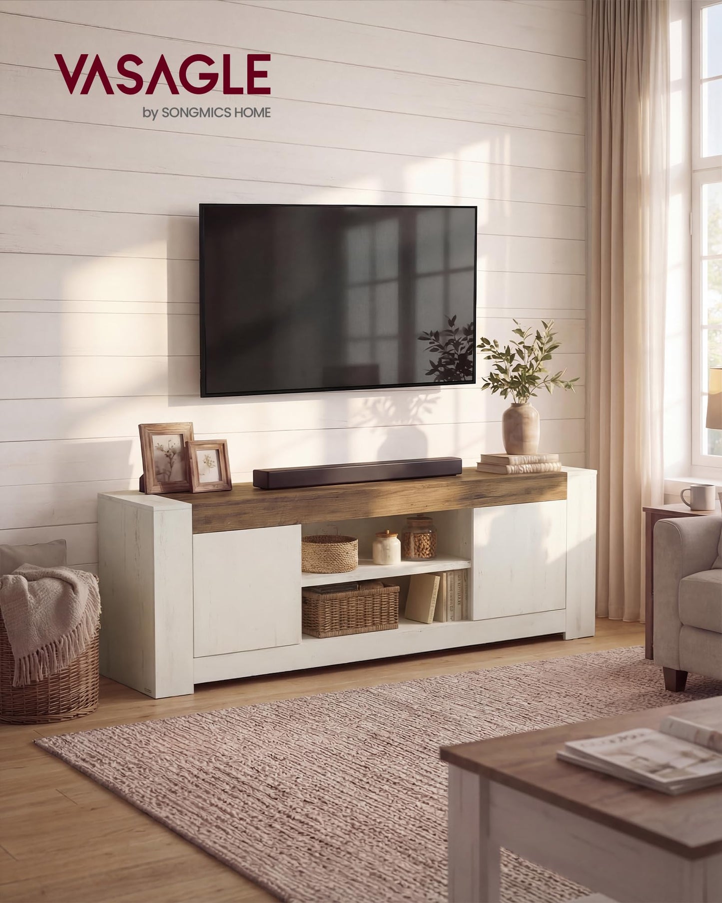 VASAGLE TV Stand, Farmhouse Entertainment Center with Storage Cabinets, Media Console Table for Living Room, Bedroom, for 80 Inch TV, 70 x 15.7 x 23.6 Inches, Rustic White and Honey Brown ULTV624W201S