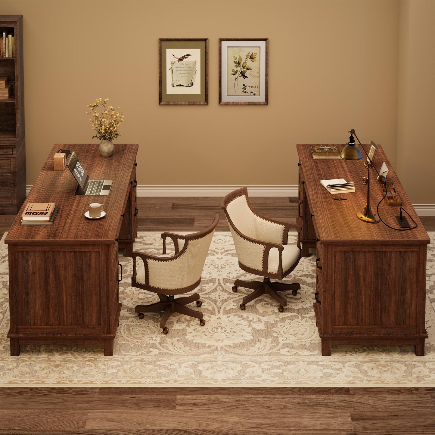 Garvee 60" Wooden Home Office Desk with File Drawers, Executive Desk with Adjustable Cabinet, Farmhouse Wood Desk with Power Outlet, Distressed Study and Work Table, Rustic Brown