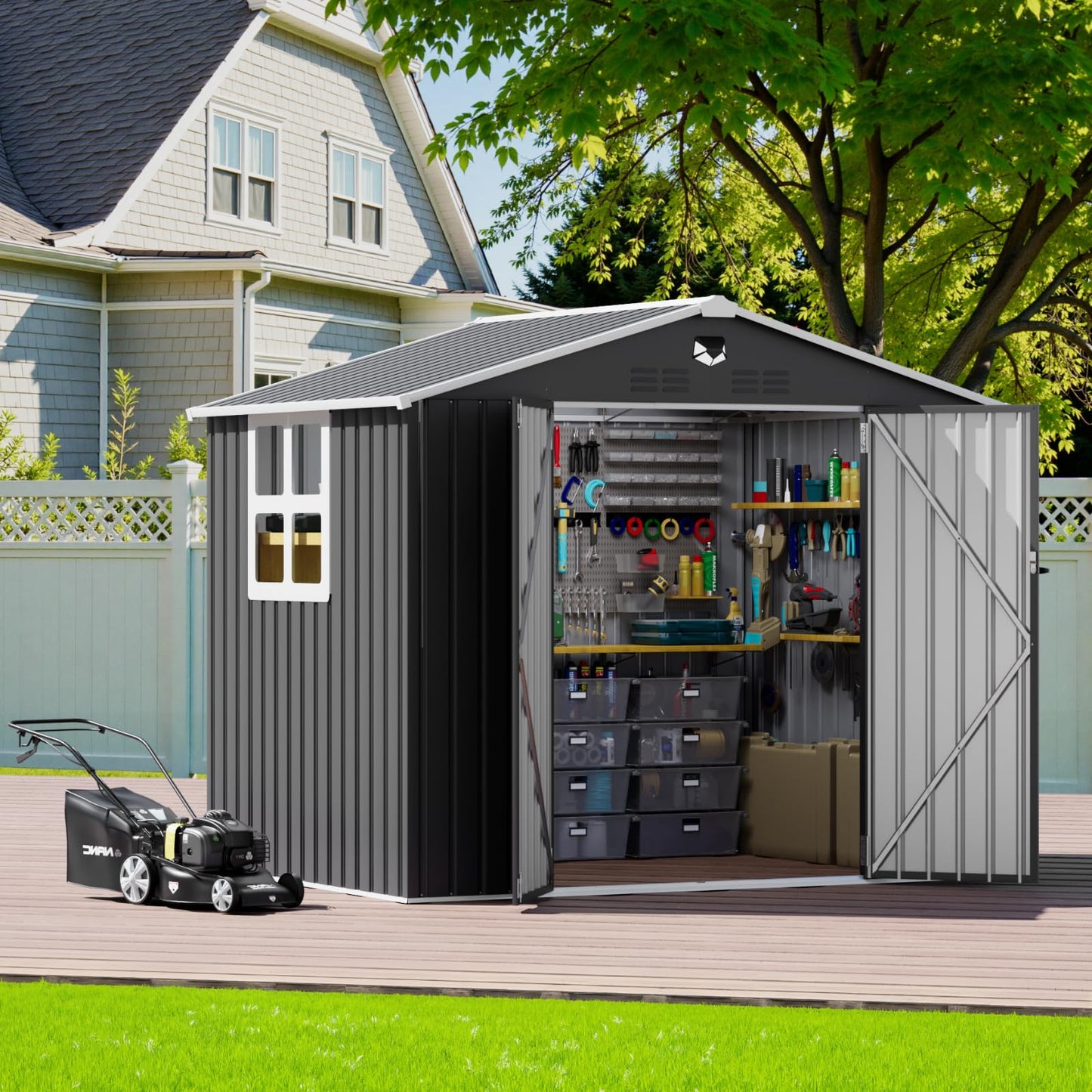 Softkiss 8x6 FT Outdoor Storage Shed, Metal Garden Shed - Tool Storage Sheds with Lockable Doors & 1 Clear Window, Waterproof Outside Storage Building for Backyard, Patio (Black; Floor Not Included)