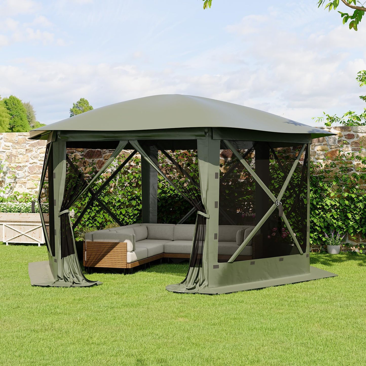GarveeLife 11.5x11.5FT 6-Sided Pop Up Gazebo Tent，One-Push Setup Canopy Tent with Mesh Panels & Removable Wind Cloths, Outdoor shelter for Camping, Backyard Parties, Outdoor Events - Army Green