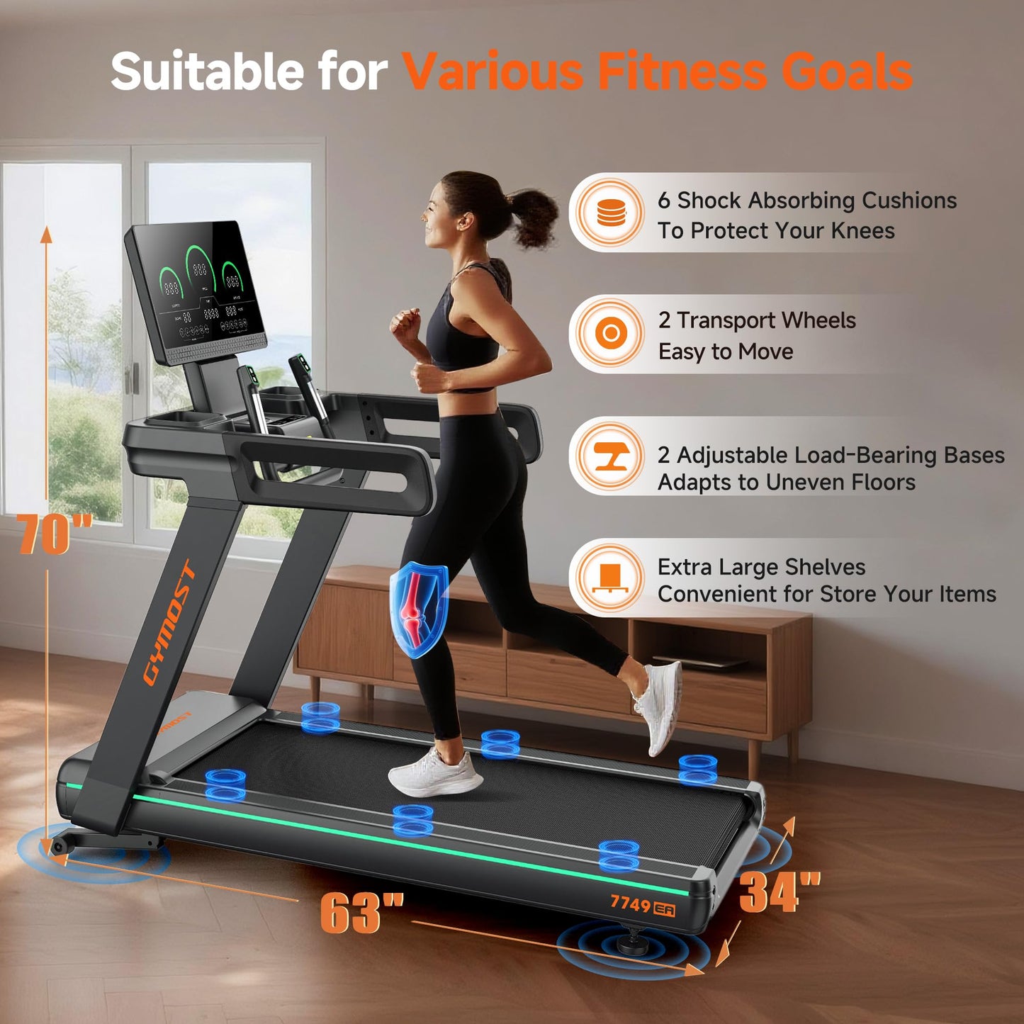 GYMOST Treadmills for Home with Incline 15%, Treadmill for Walking Running with 3.5 HP Quiet Brushless Motor, LED Display, 450 LBS Weight Capacity