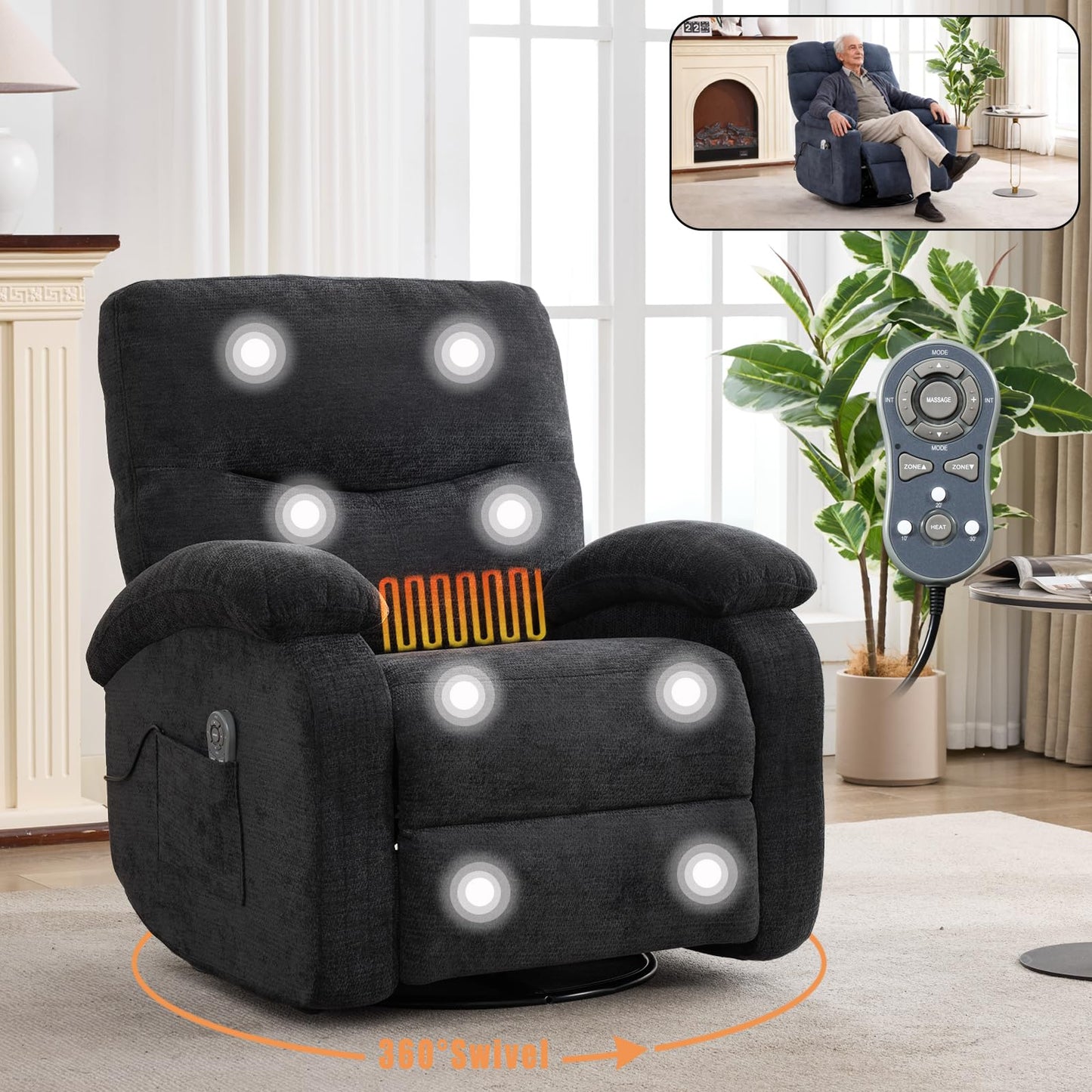 KEIKI Manual Hot Massage Recliner Chair with 360° Swivel and Rocking, 8-Point Vibration Massage & Lumbar Heat, Chenille Elderly Lazy Boy Sofa with Cup Holder for Living Room, Black