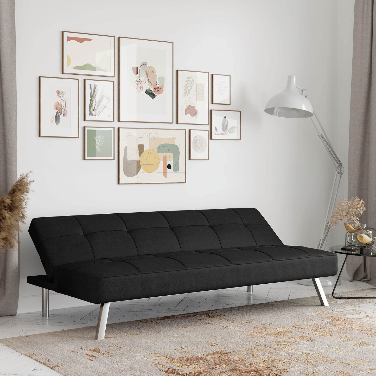 Serta® Rane Futon Sofa Bed 66.1", 3-in-1 Convertible Couch Sleeper for Small Spaces, Tufted Back, Twin Size Guest Bed, Black Woven Fabric