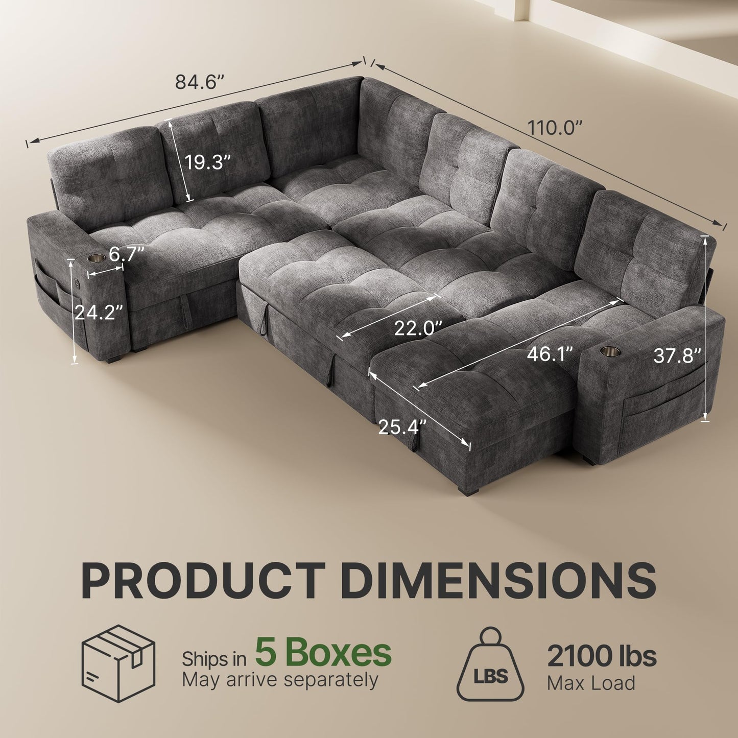 Marsail 110" Sectional Sleeper Sofa with Pull Out Bed, 7 Seat Modular Sectional Couch with Storage, USB & Cup Holders, Modern Chenille Cloud Sofa for Living Room, Light Gray