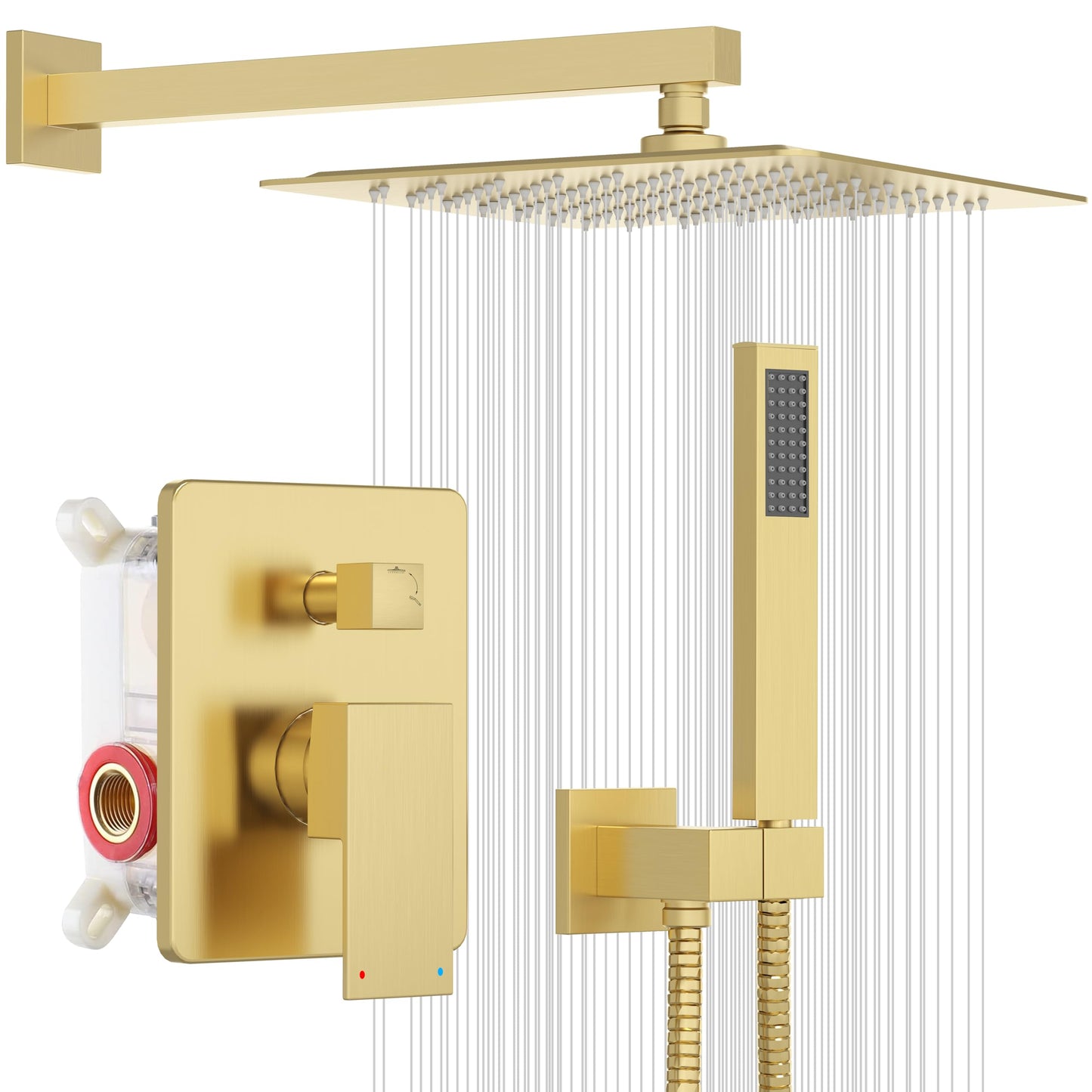 ESNBIA Gold Shower System, 12 Inches Shower faucet Set with Pressure Balance Shower Valve, High Pressure Gold Shower Head and Handle Set, Wall Mounted Shower Fixtures, Brushed Gold